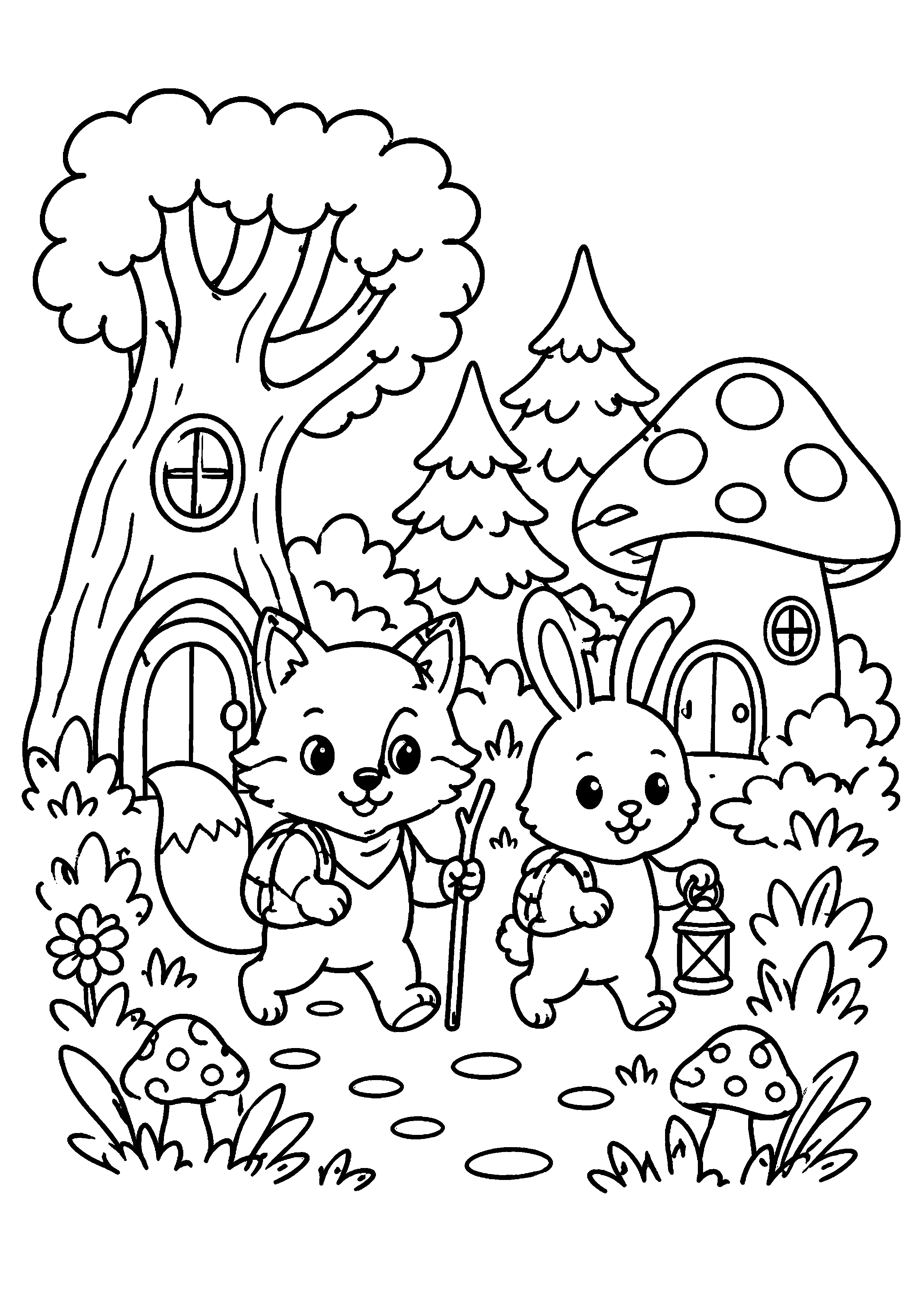Coloriage maison-arbre et maison champignon avec animaux à imprimer gratuitement