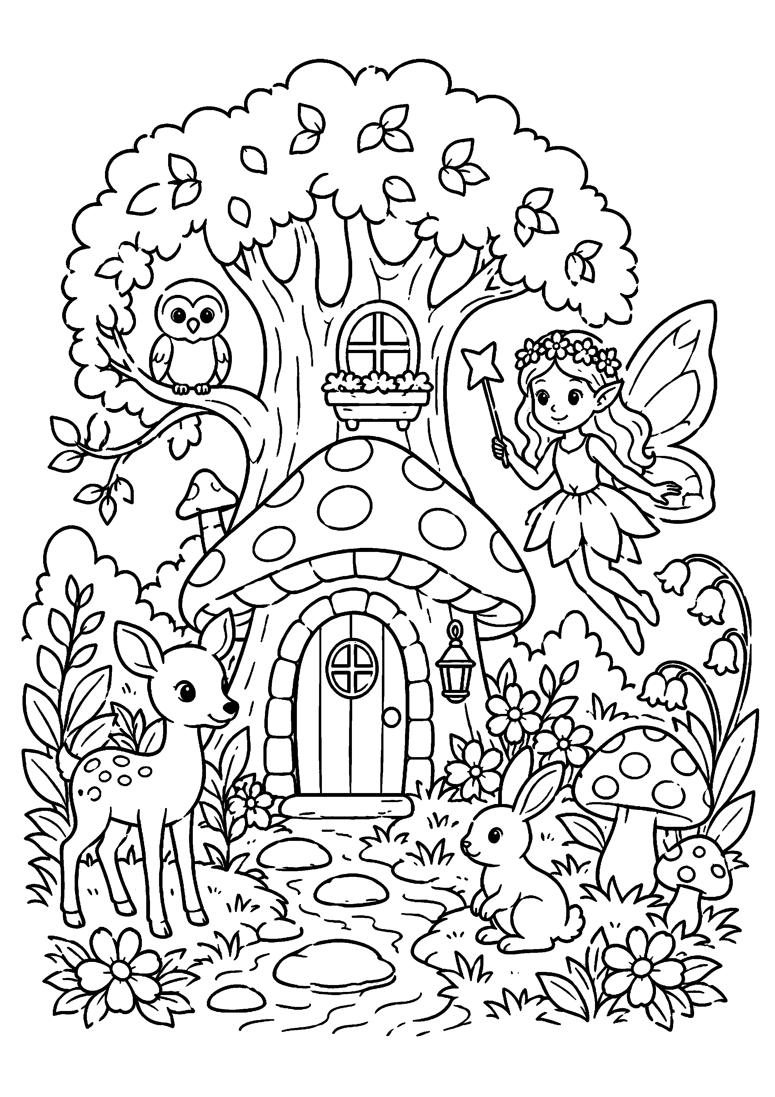 Coloriage fée devant une maison-arbre et des animaux à imprimer gratuitement