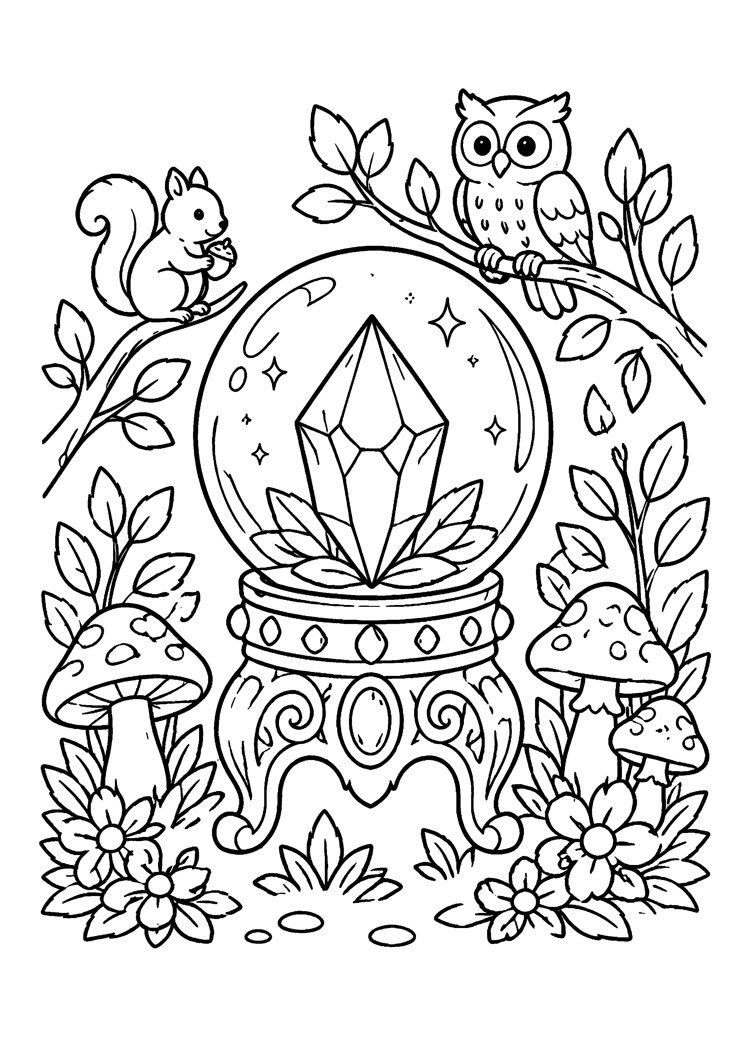Coloriage cristal magique entouré d’animaux et d’un hibou à imprimer gratuitement