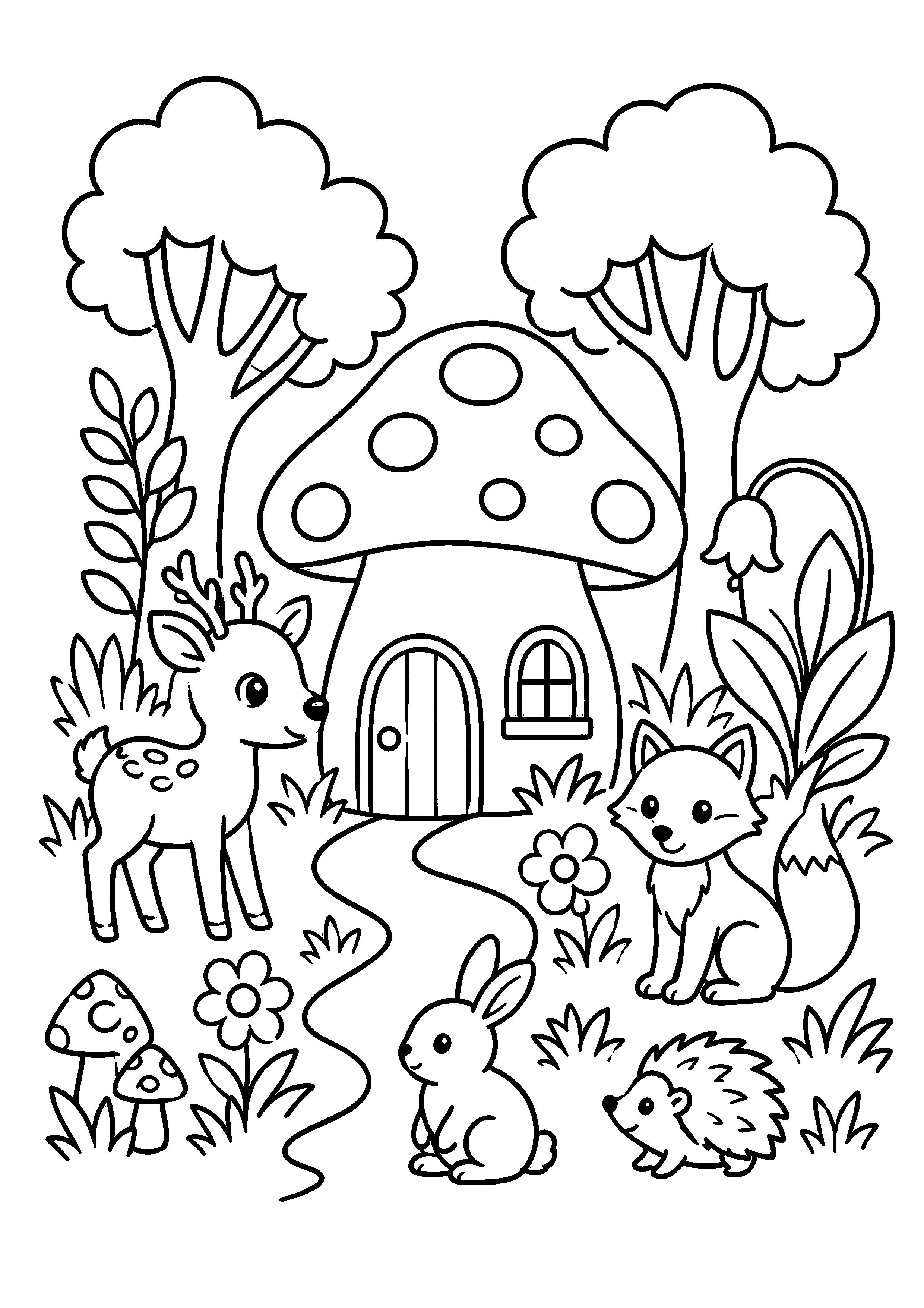 Coloriage maison champignon avec animaux à imprimer gratuitement