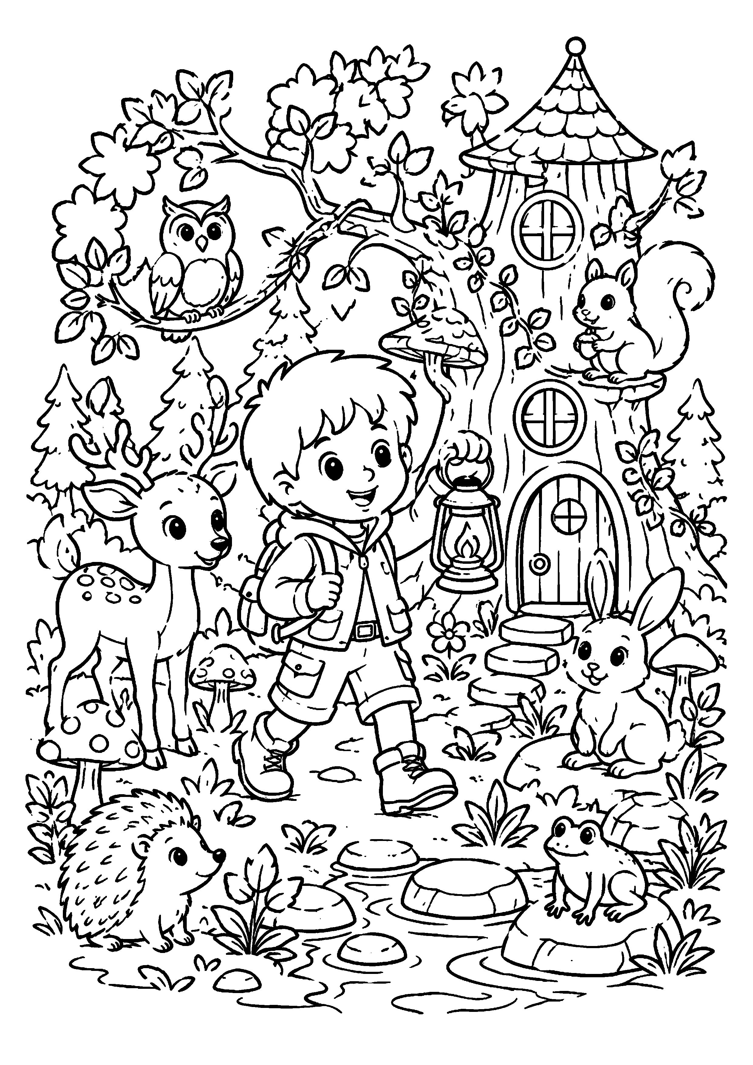 Coloriage jeune explorateur dans un village enchanté avec animaux à imprimer gratuitement