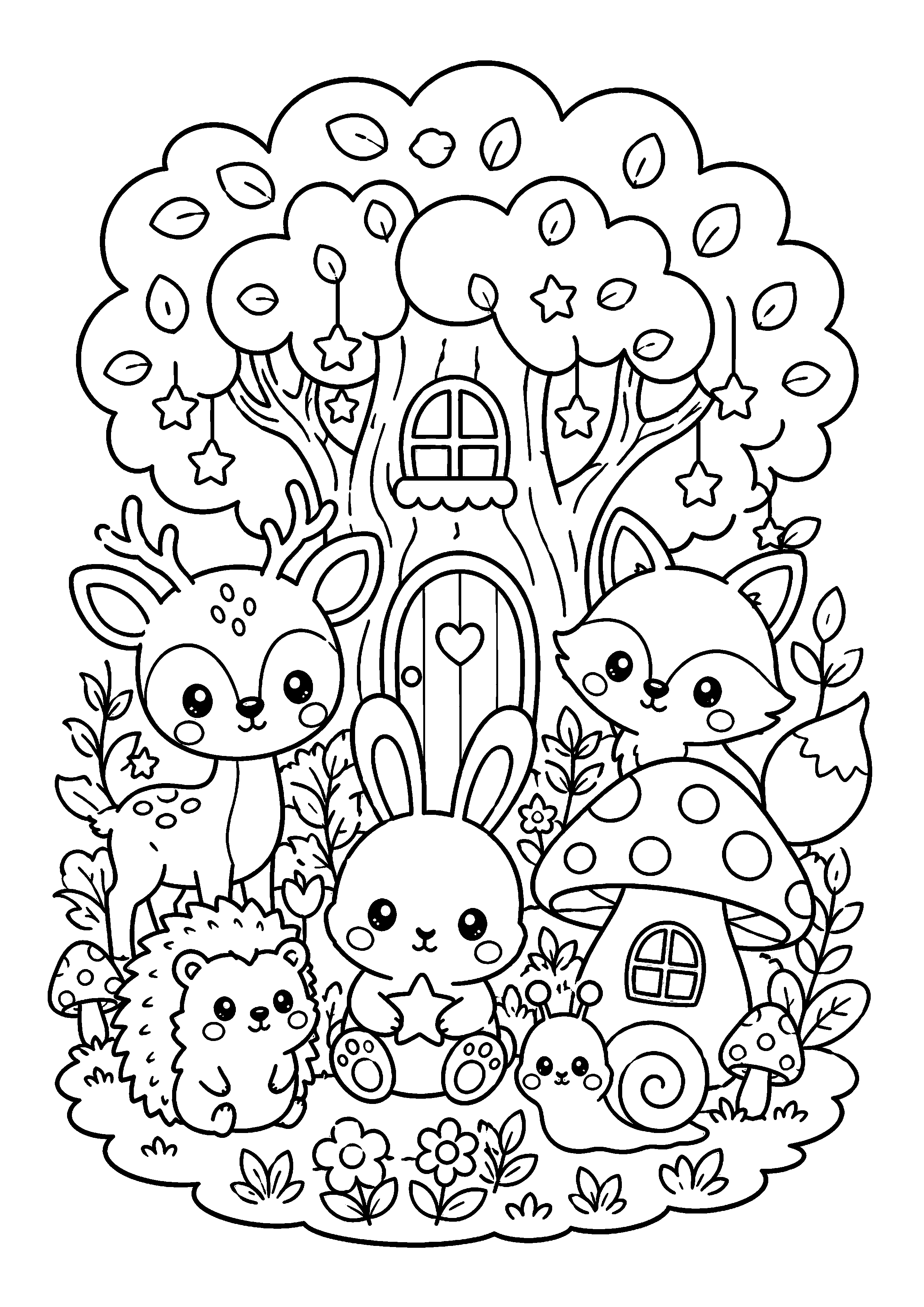 Coloriage arbre-maison avec faons, lapin et champignons à imprimer gratuitement