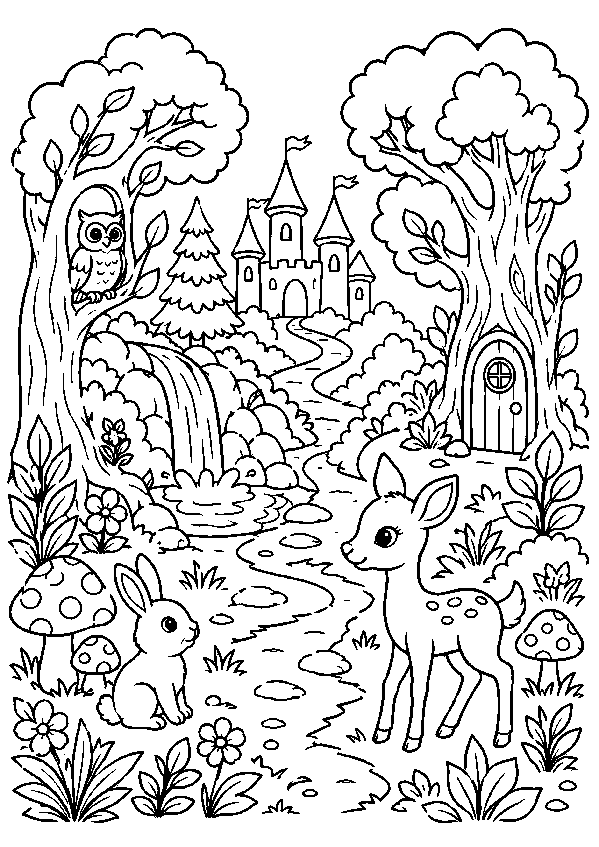 Coloriage chemin vers un château enchanté avec un faon à imprimer gratuitement