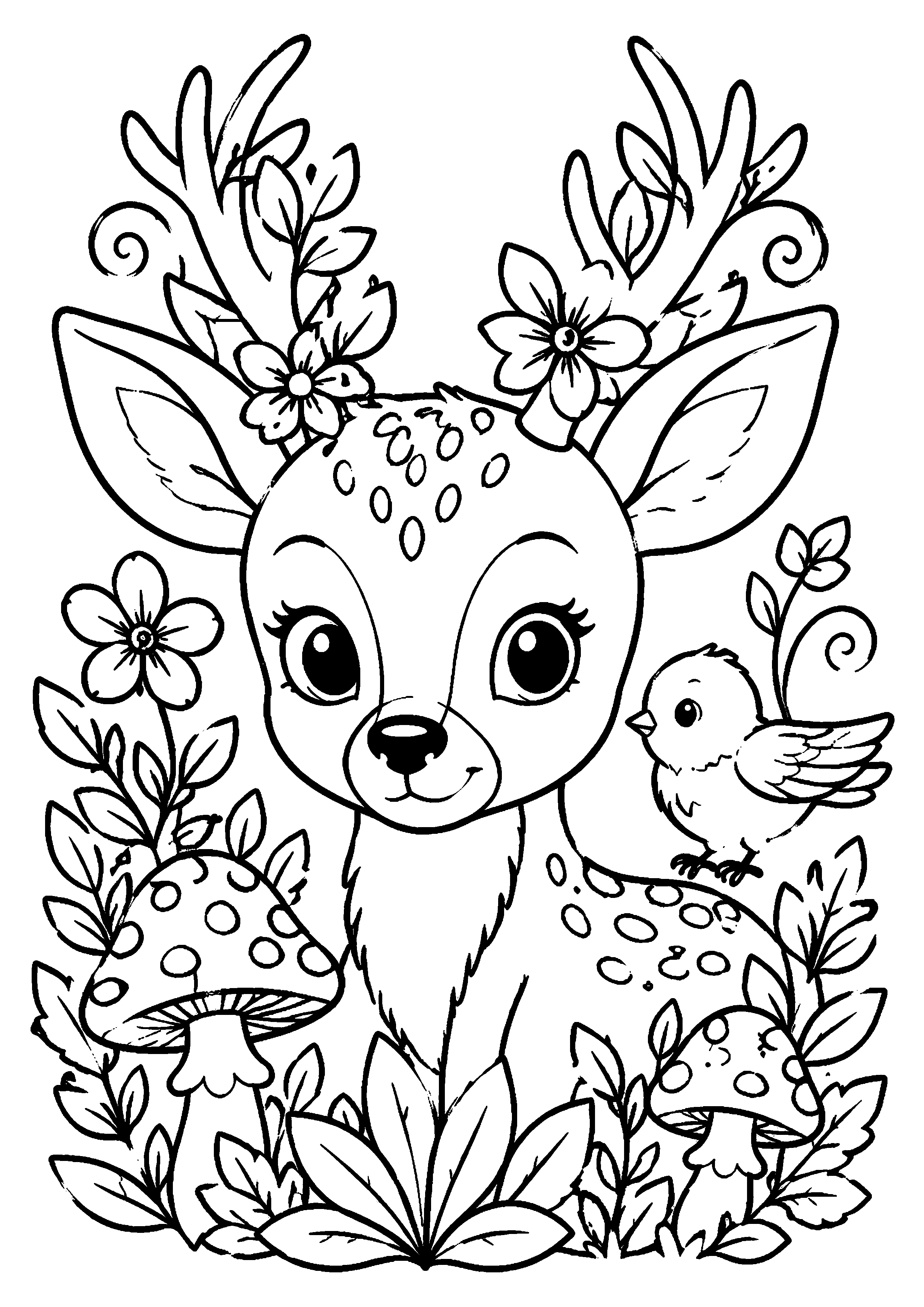 Coloriage faon magique dans un cadre floral à imprimer gratuitement