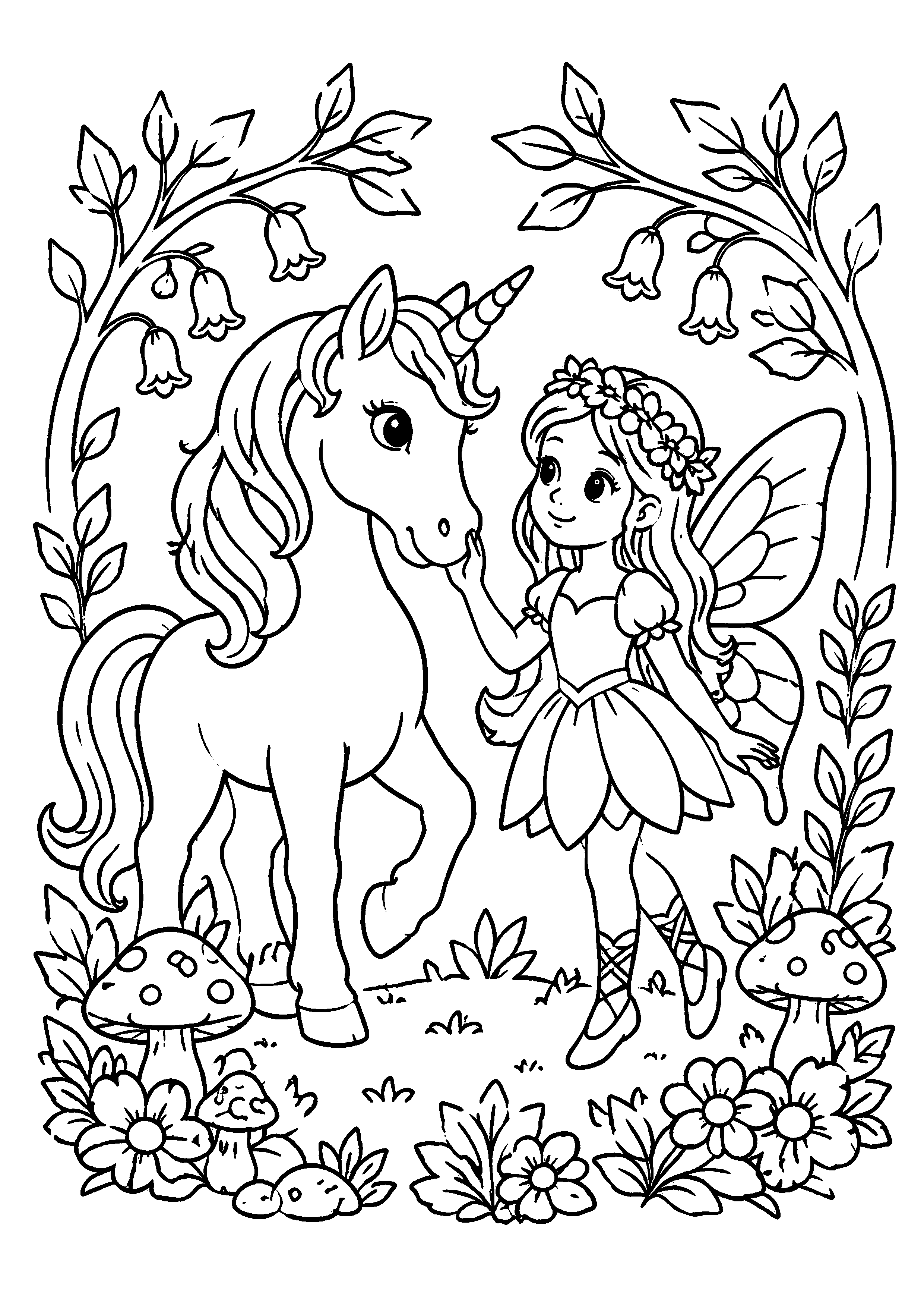 Coloriage licorne et fée dans une forêt enchantée à imprimer gratuitement