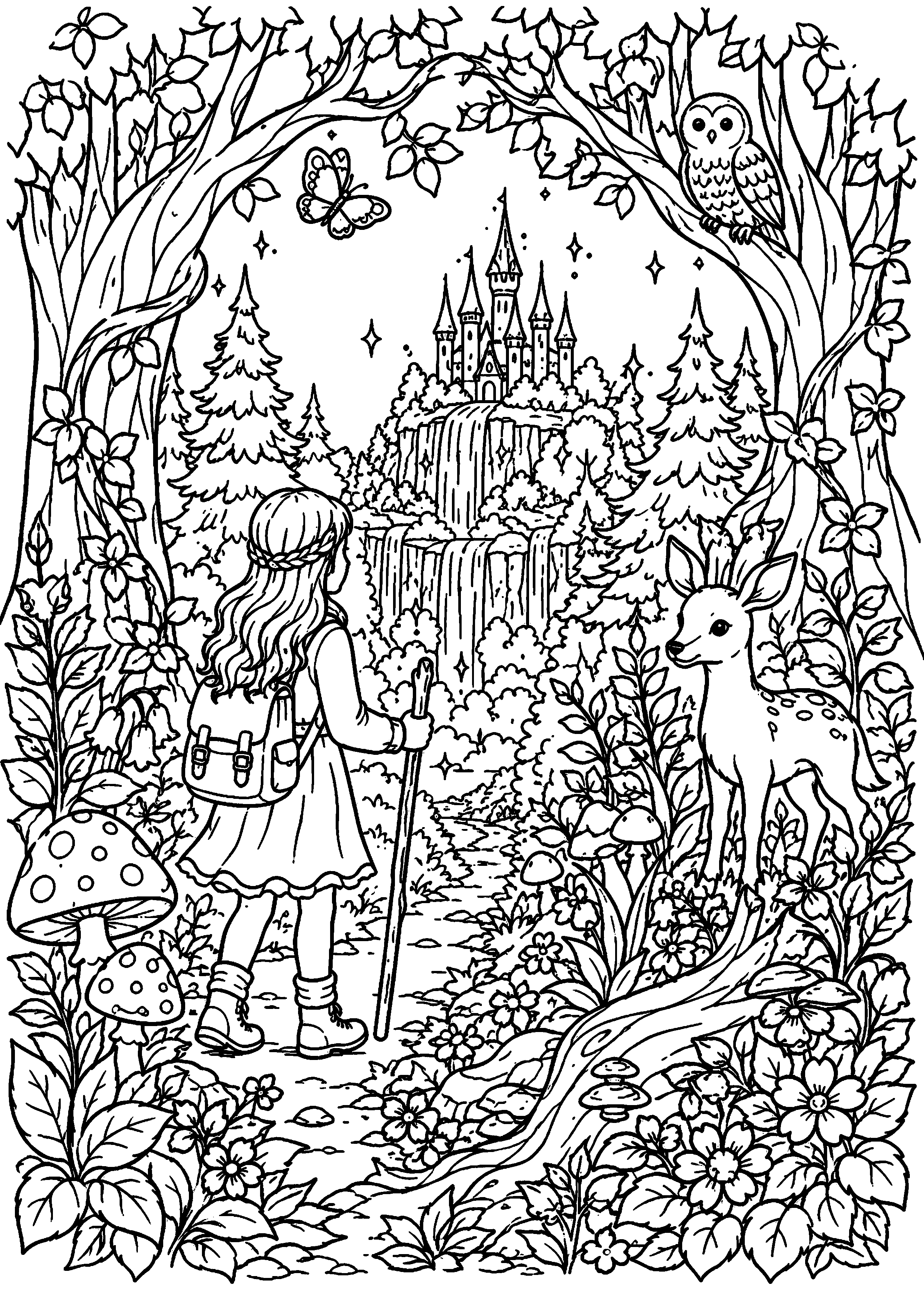 Coloriage enfant regardant un château magique au bout d’un sentier à imprimer gratuitement
