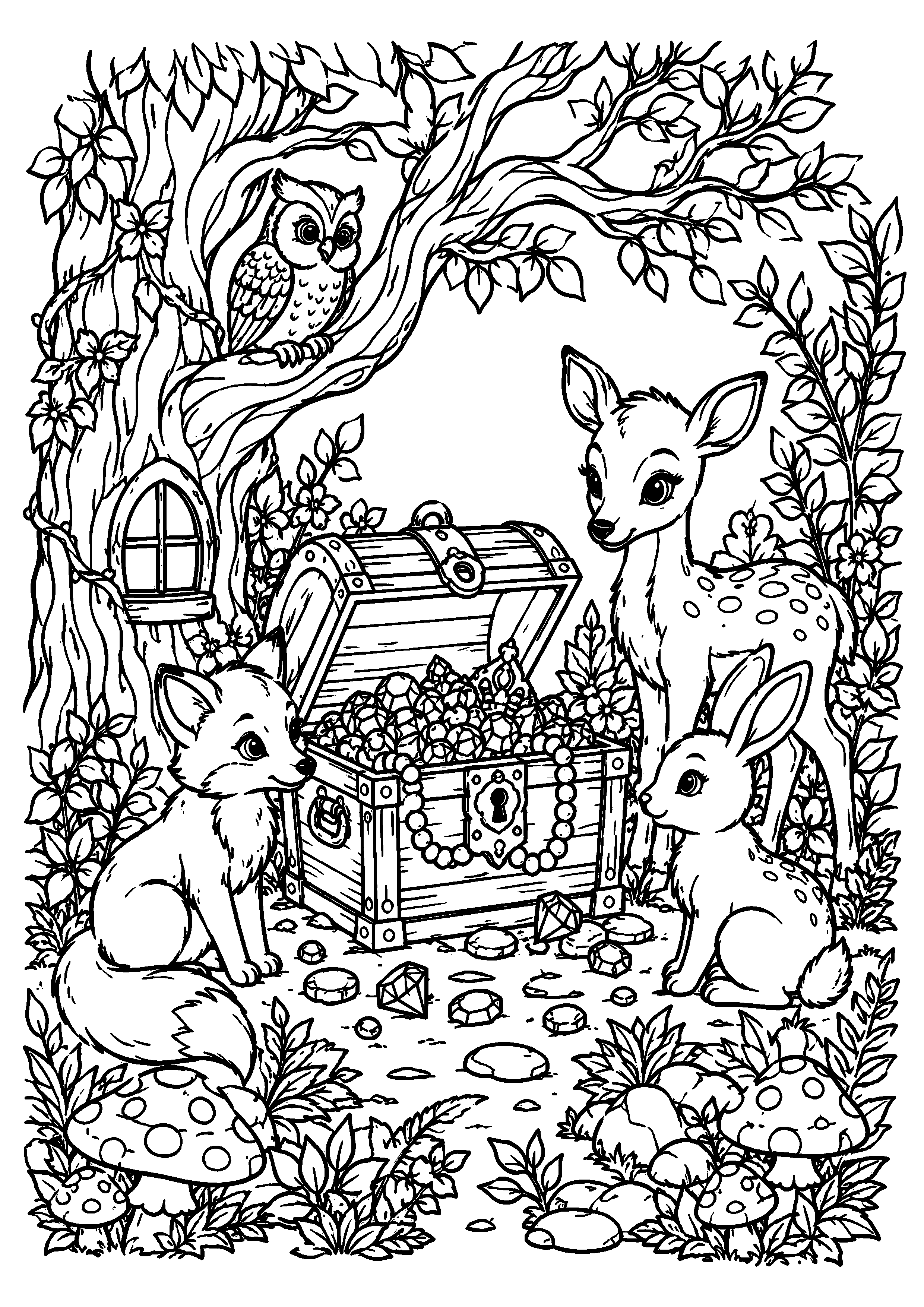 Coloriage animaux autour d’un coffre dans un arbre magique à imprimer gratuitement