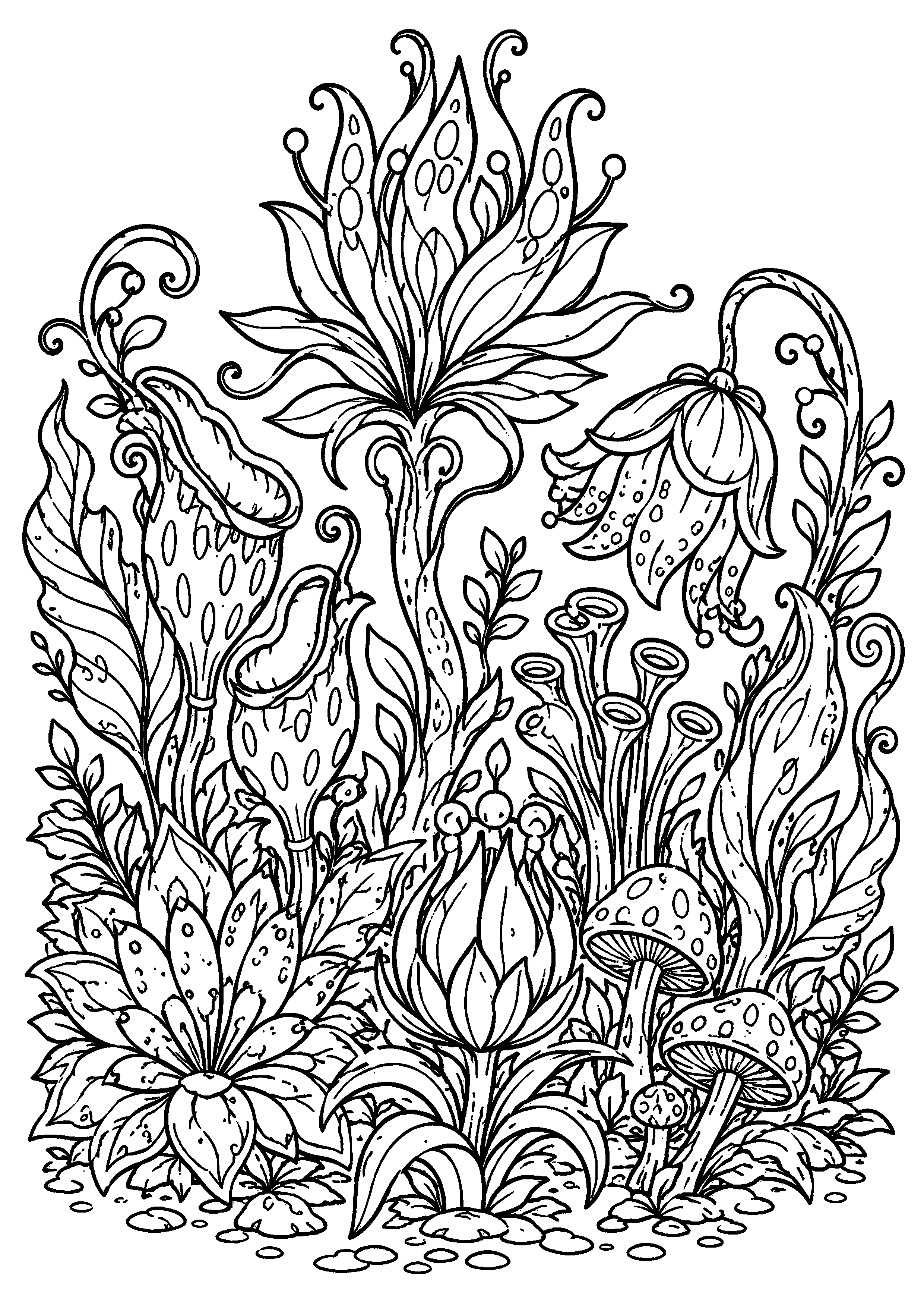 Coloriage grandes plantes fantastiques et fleurs enchantées à imprimer gratuitement