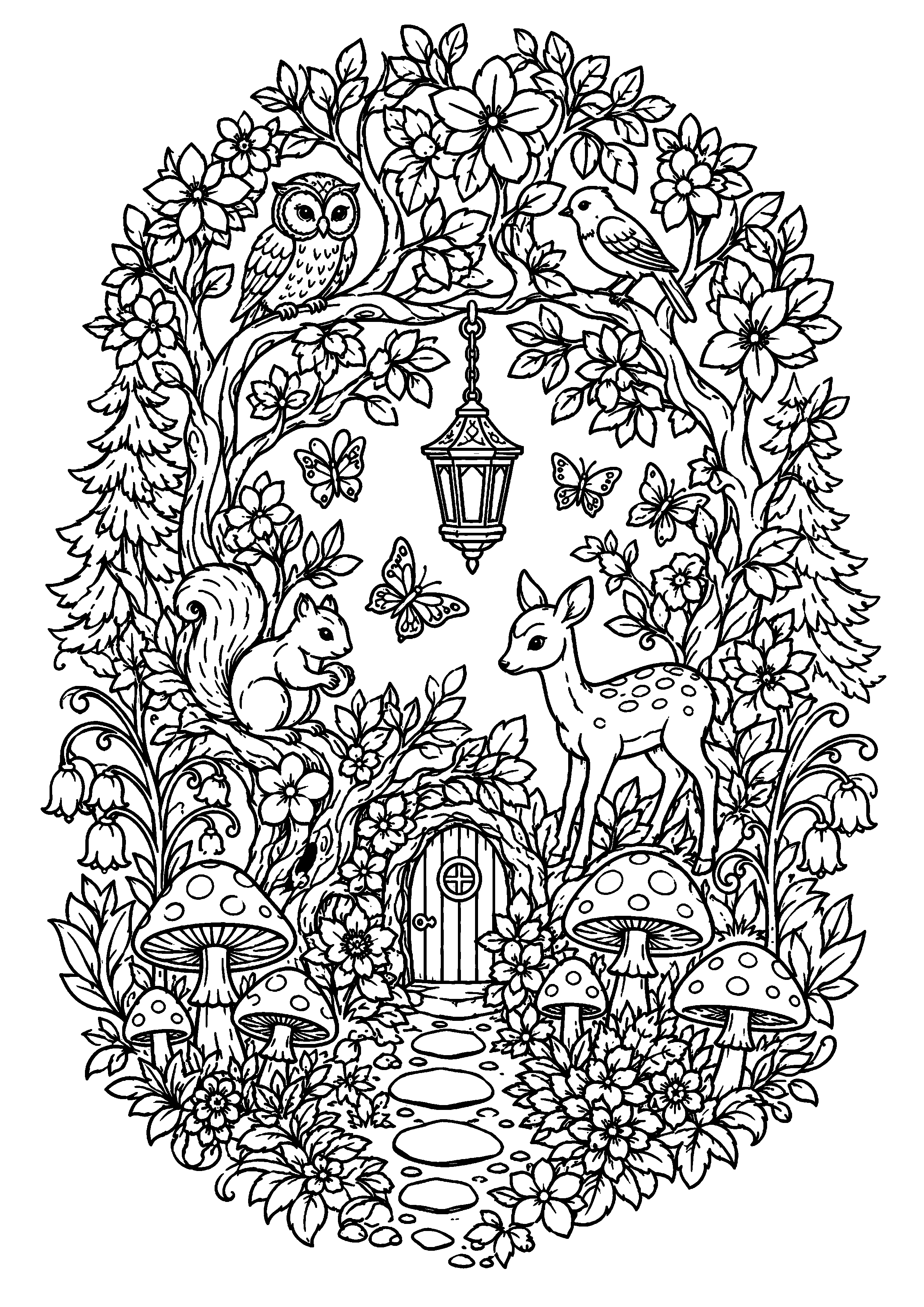 Coloriage porte de maison enchantée dans un arbre sous une arche fleurie à imprimer gratuitement