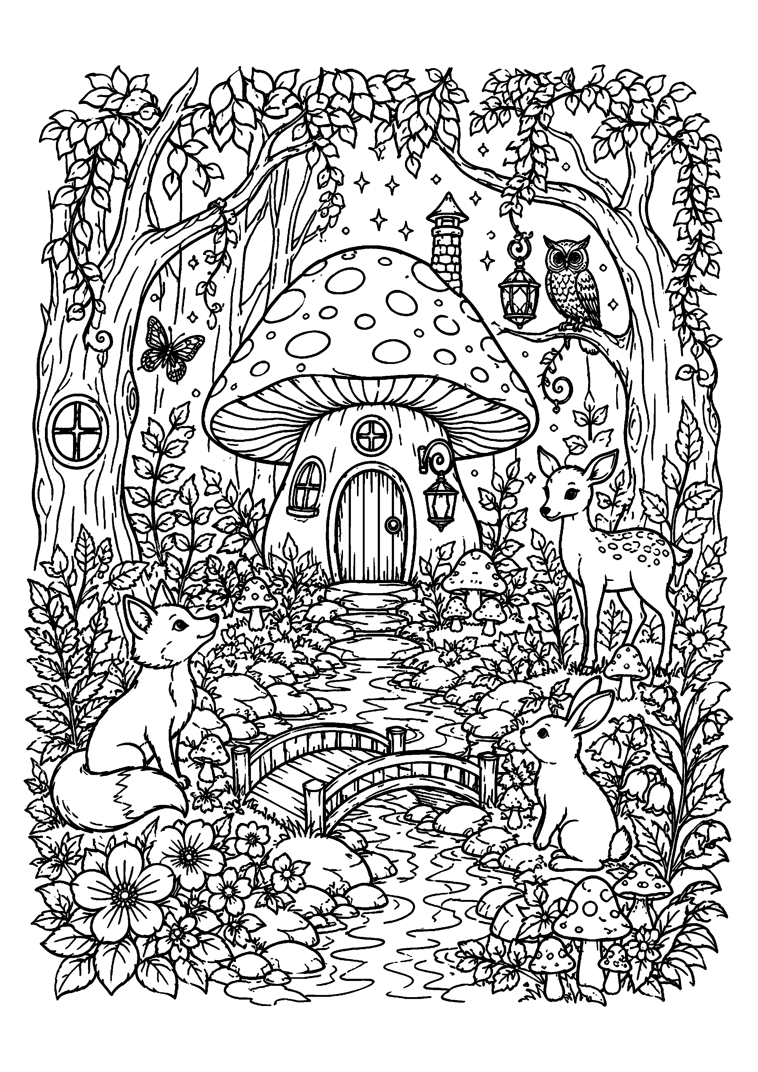 Coloriage maison champignon très détaillée au fond d’une forêt magique à imprimer gratuitement