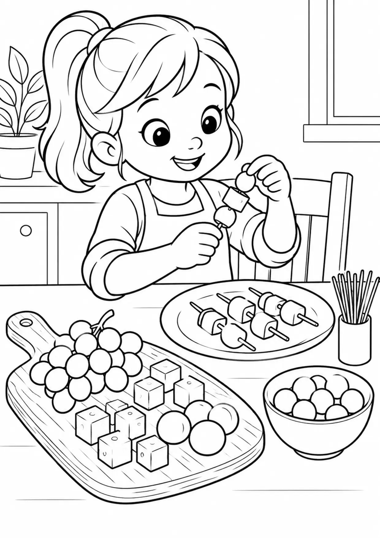 Coloriage Fromage : brochettes à imprimer représentant brochettes en dessin noir et blanc