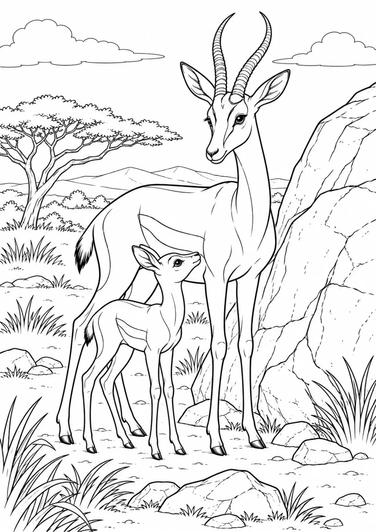 Coloriage gazelle : adulte et petit près d’un rocher à imprimer