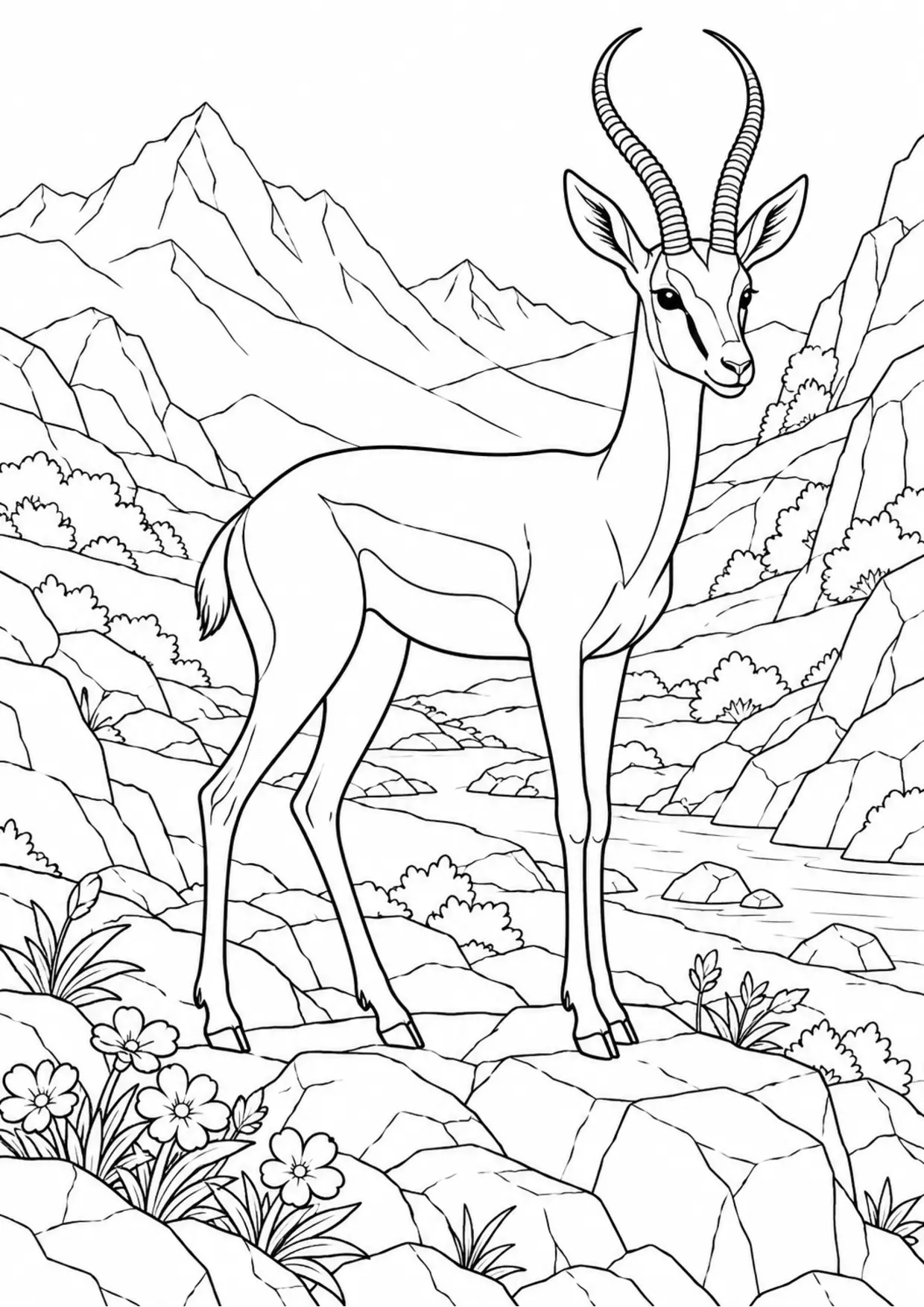Coloriage gazelle : animal dans un décor de montagnes, contours noirs nets et zones fermées sur fond blanc