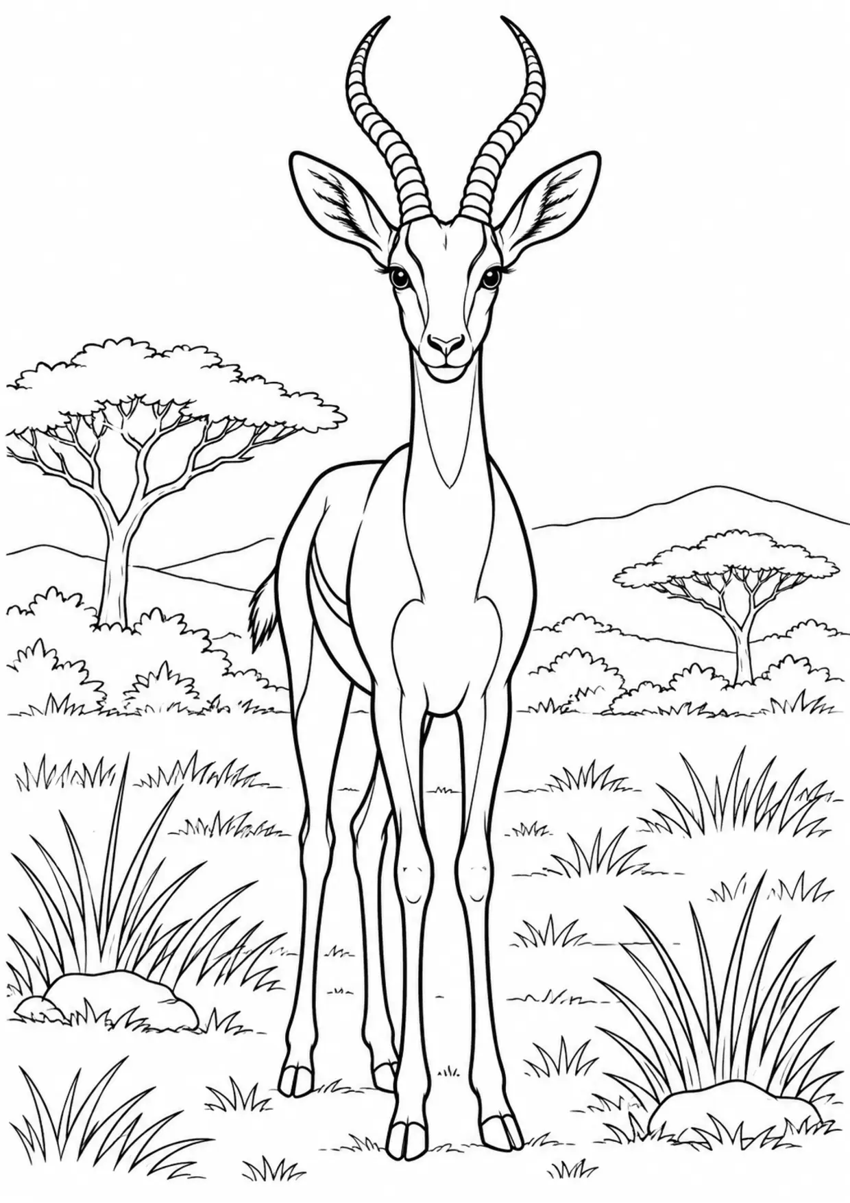 Coloriage gazelle : grand portrait de face aux contours simples à imprimer