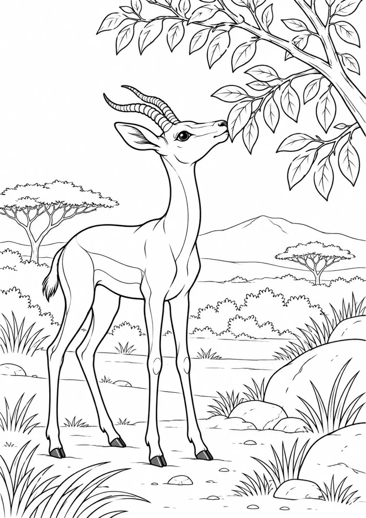 Coloriage gazelle : jeune animal curieux avec une grande feuille à imprimer