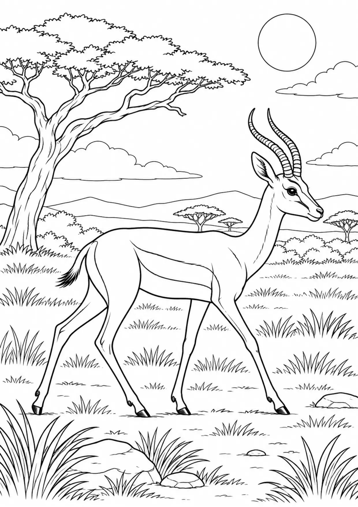 Coloriage gazelle : profil marchant dans son habitat à imprimer