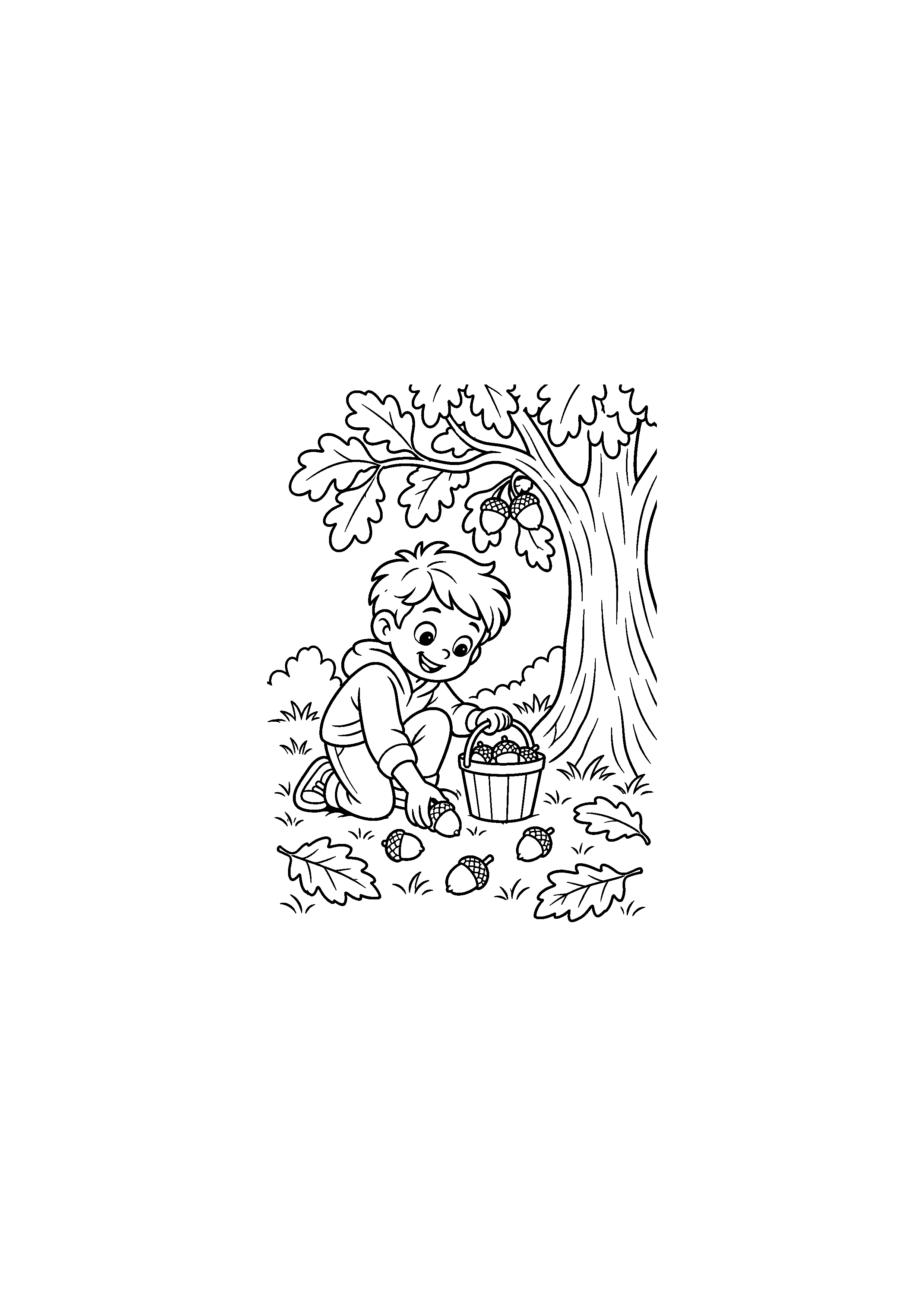 Coloriage enfant ramassant des glands sous un chêne à imprimer