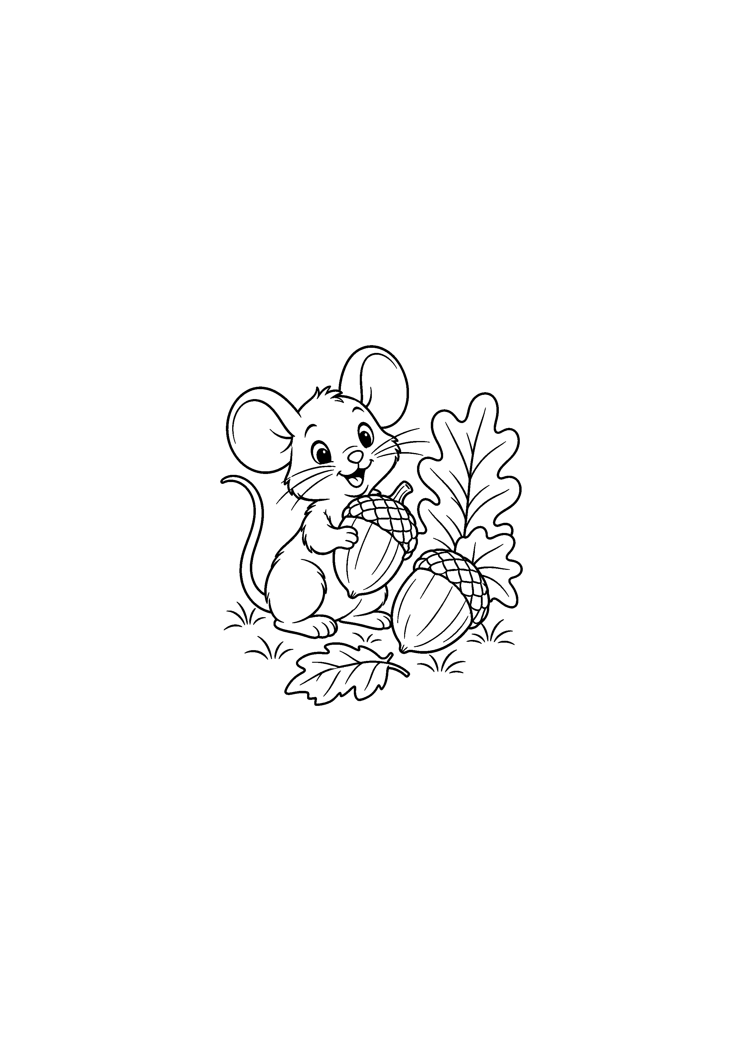 Coloriage petite souris des bois près de deux glands à imprimer