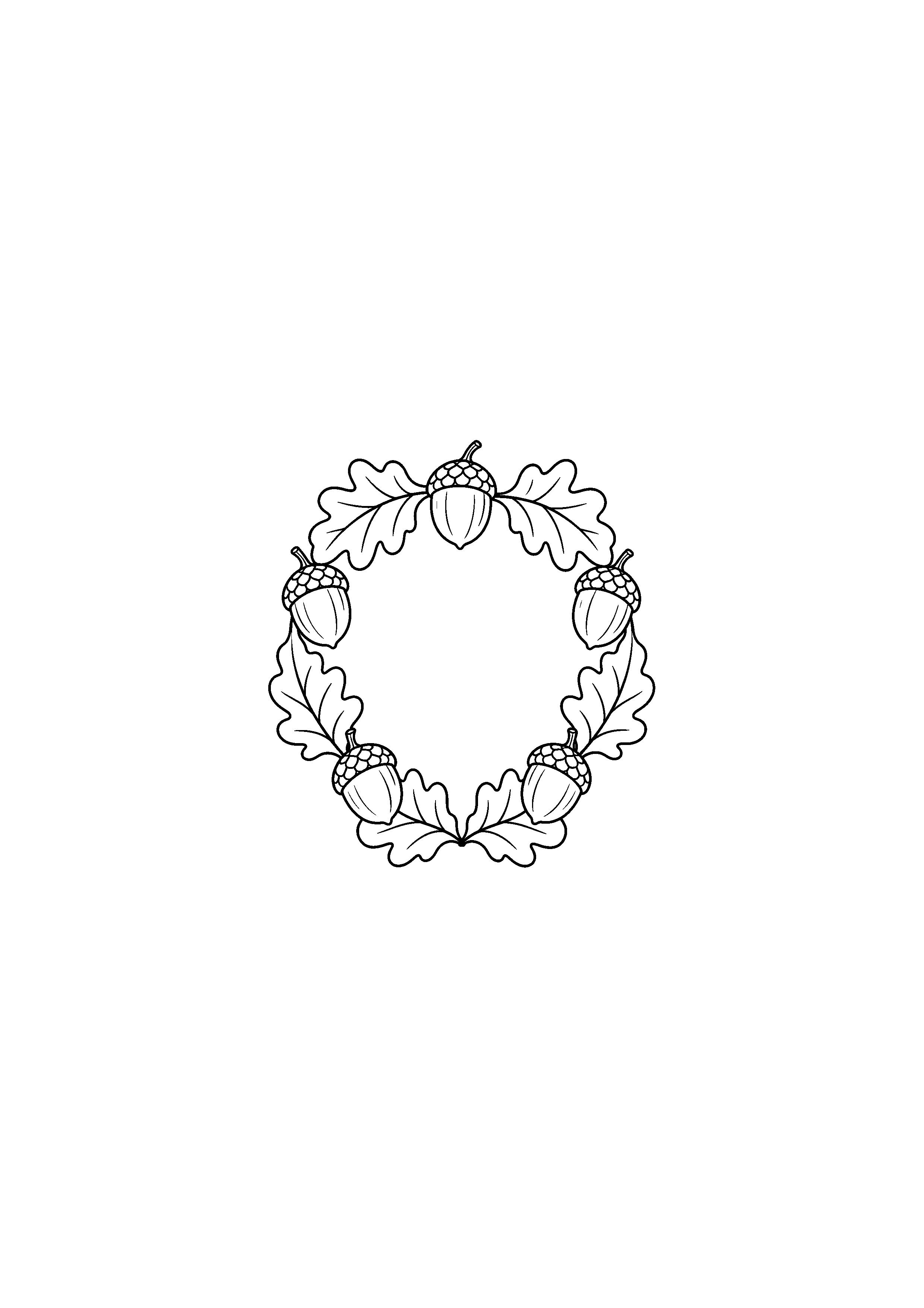 Coloriage guirlande en couronne de glands et feuilles à imprimer