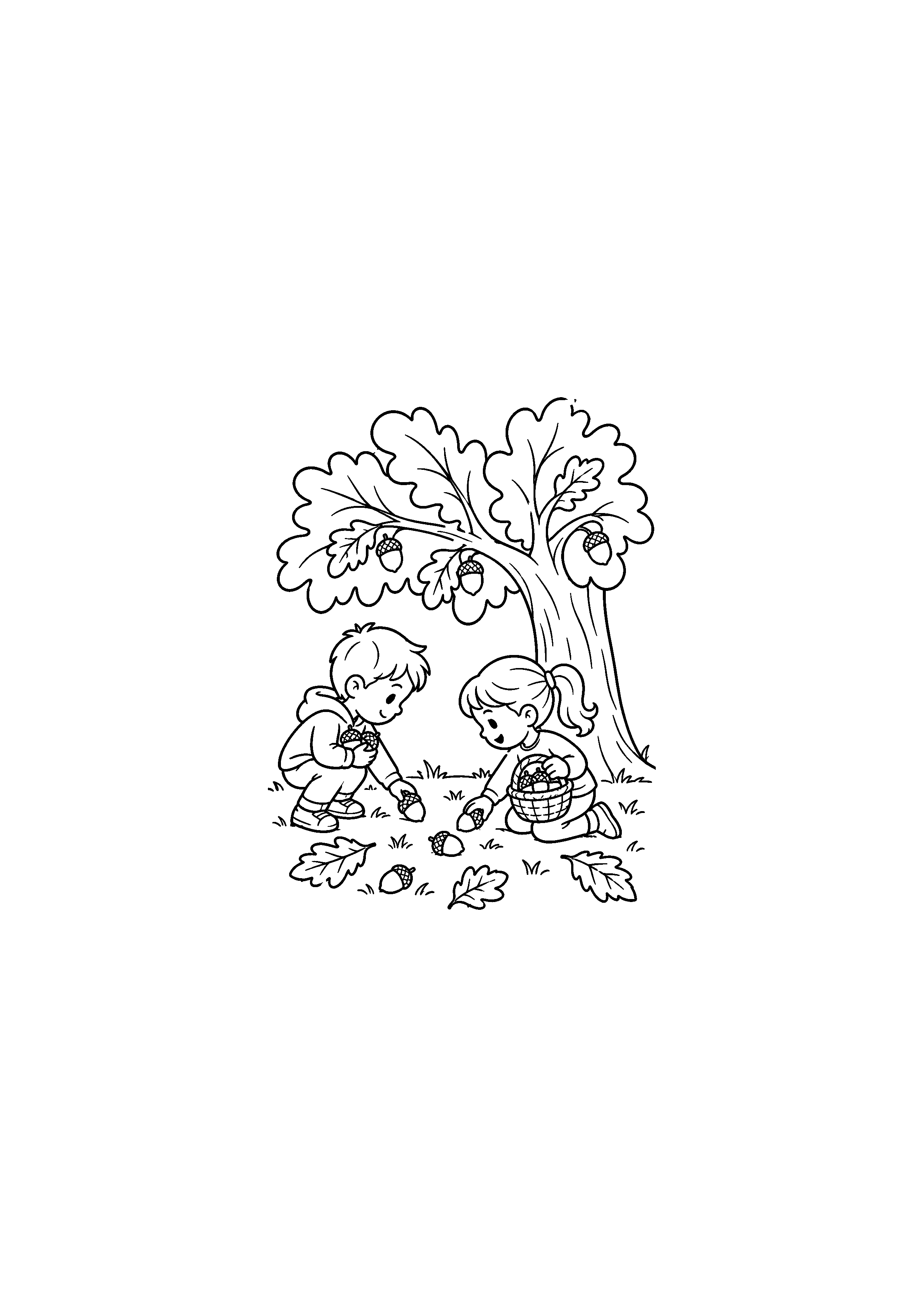Coloriage deux enfants ramassant des glands sous un chêne à imprimer