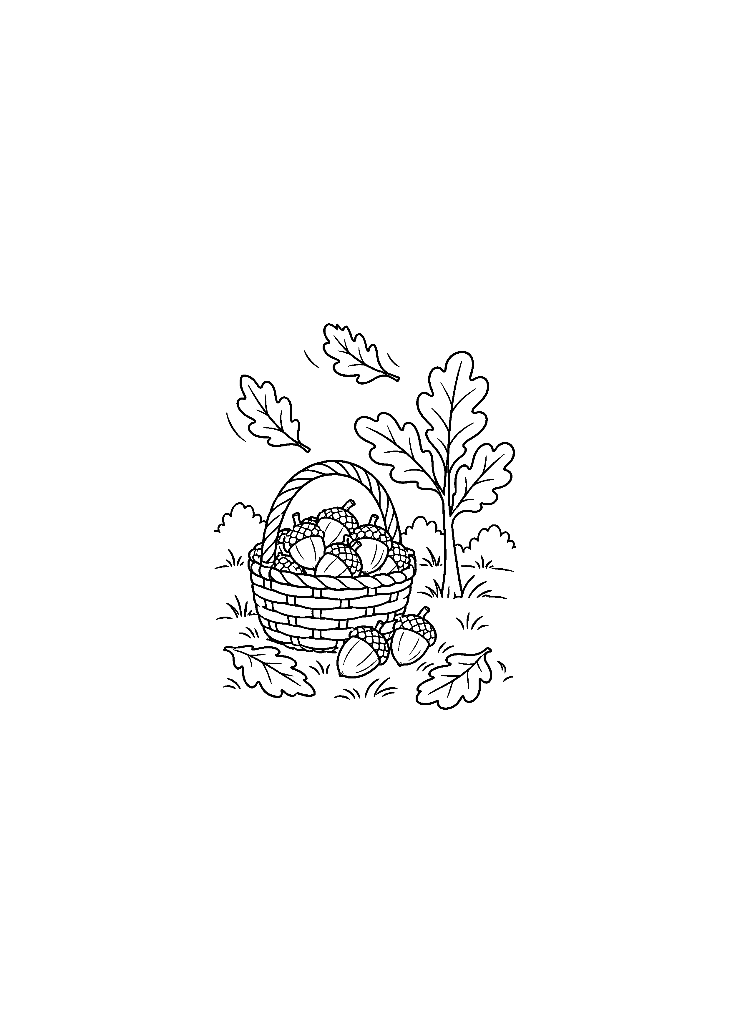 Coloriage clairière avec panier de glands et jeune chêne à imprimer