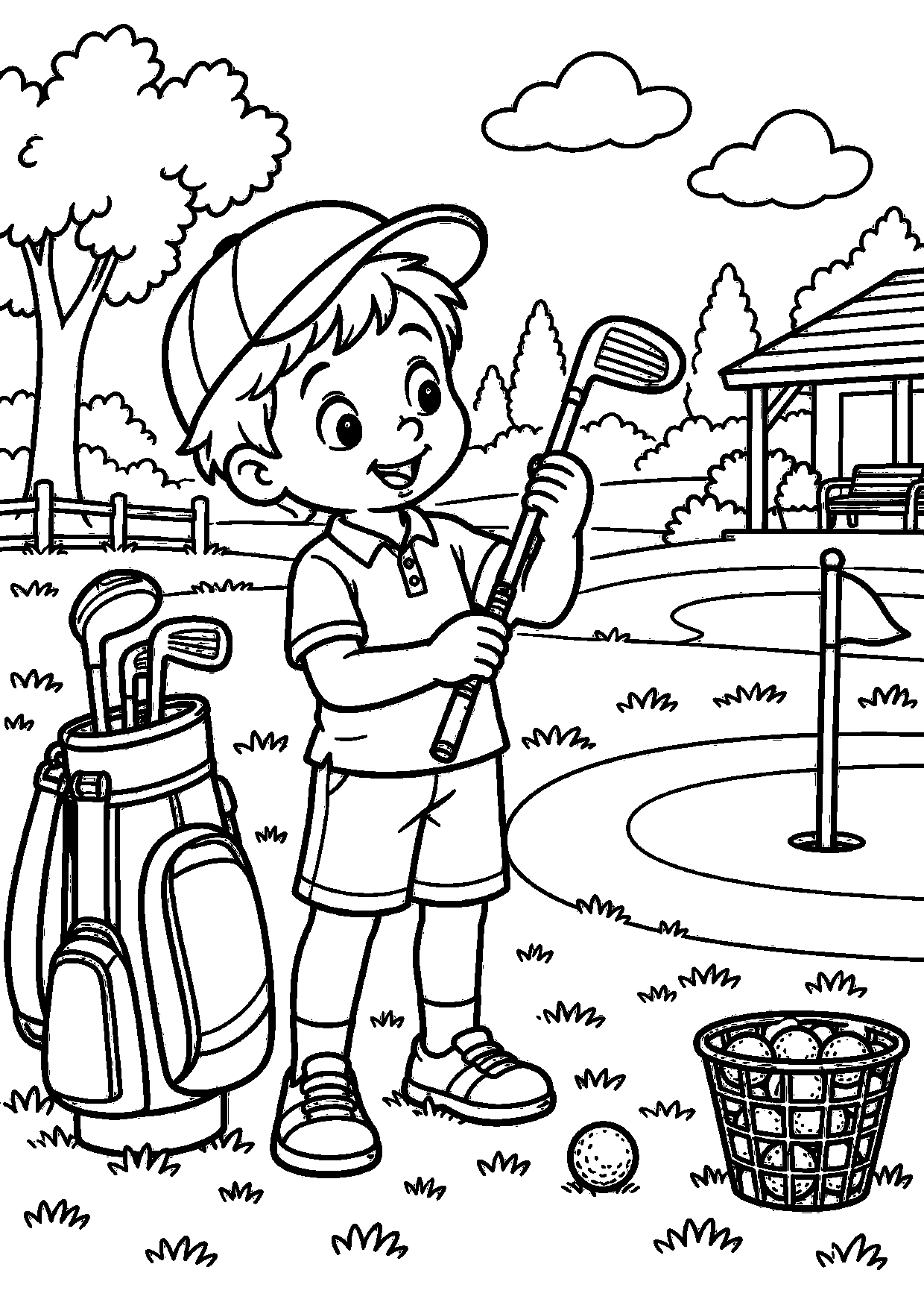 Coloriage golf : enfant découvrant le matériel sportif à imprimer