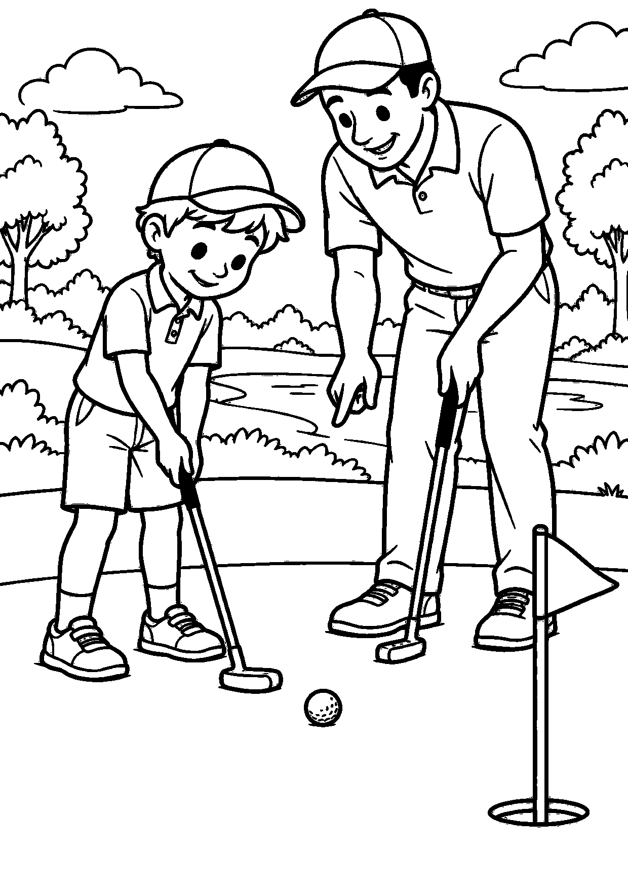 Coloriage golf : enfant et adulte lors d’un entraînement à imprimer
