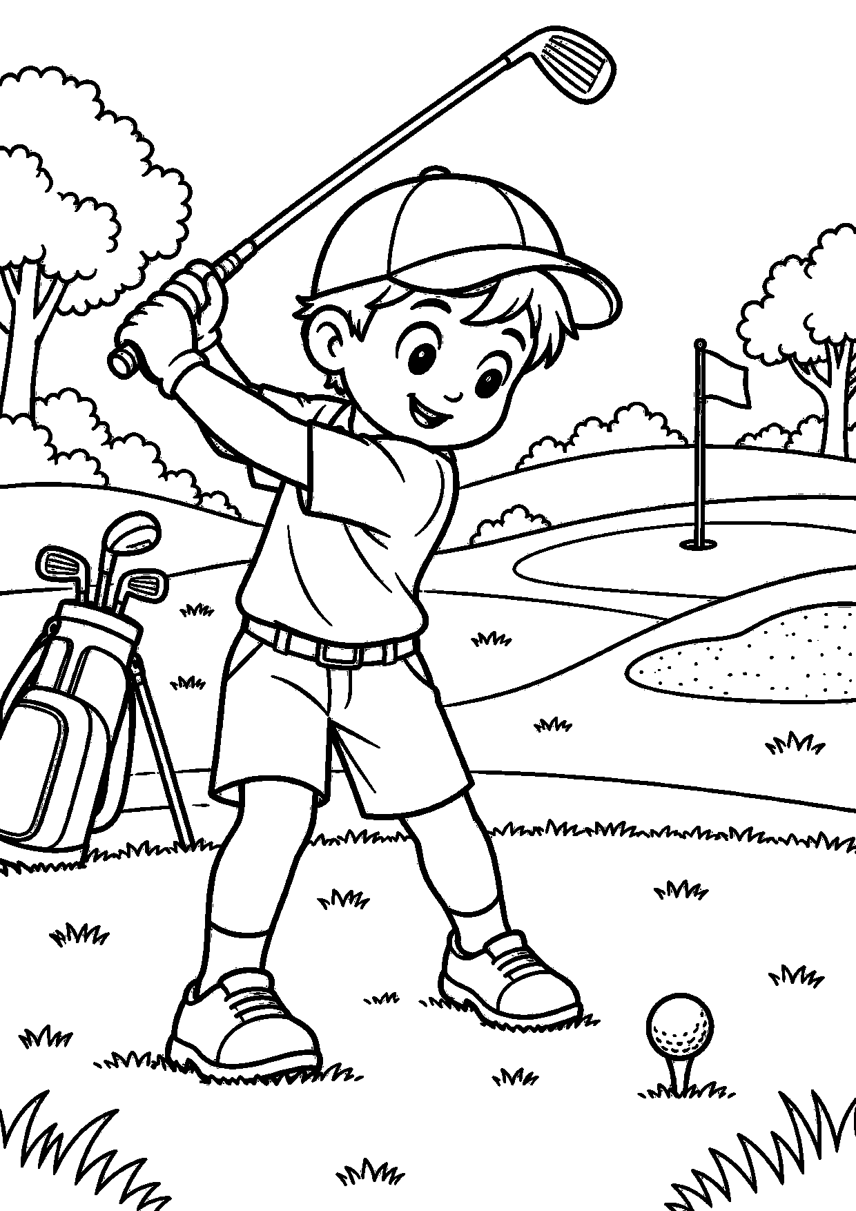 Coloriage golf : sportif en action avec un geste simple à imprimer