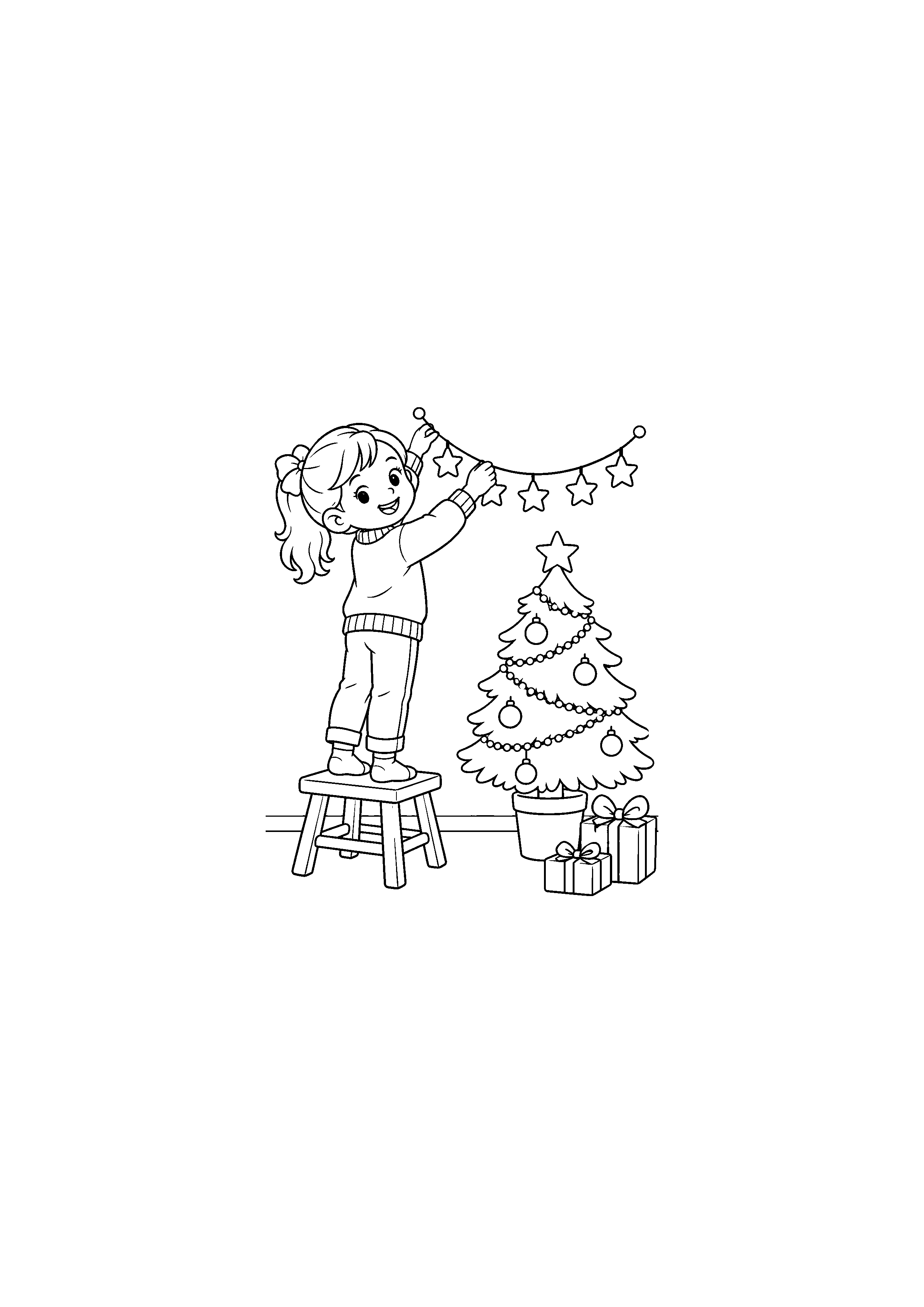 Coloriage Enfant installant une guirlande étoilée à imprimer
