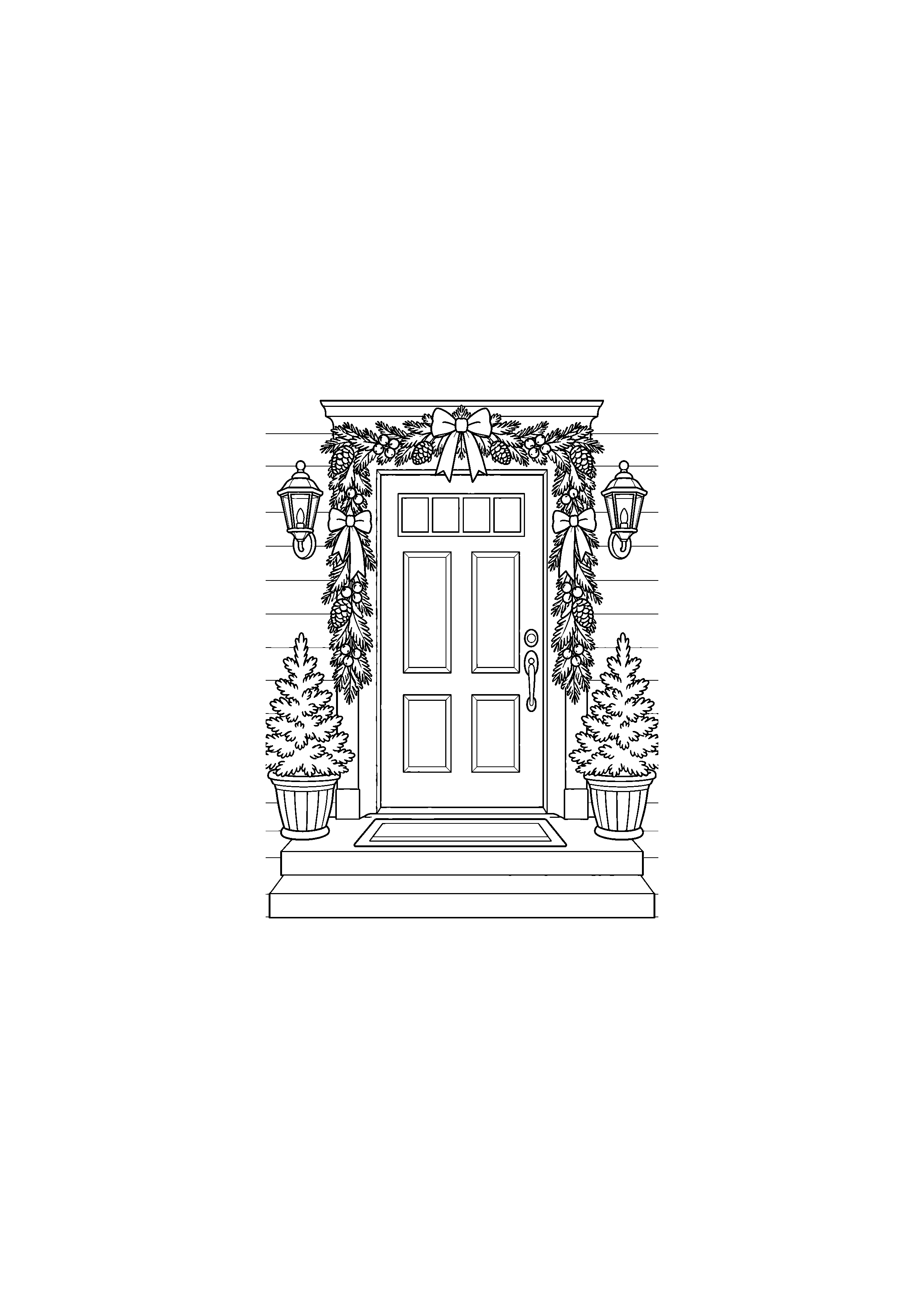 Coloriage Porte de Noël encadrée d’une guirlande de Noël à imprimer gratuitement