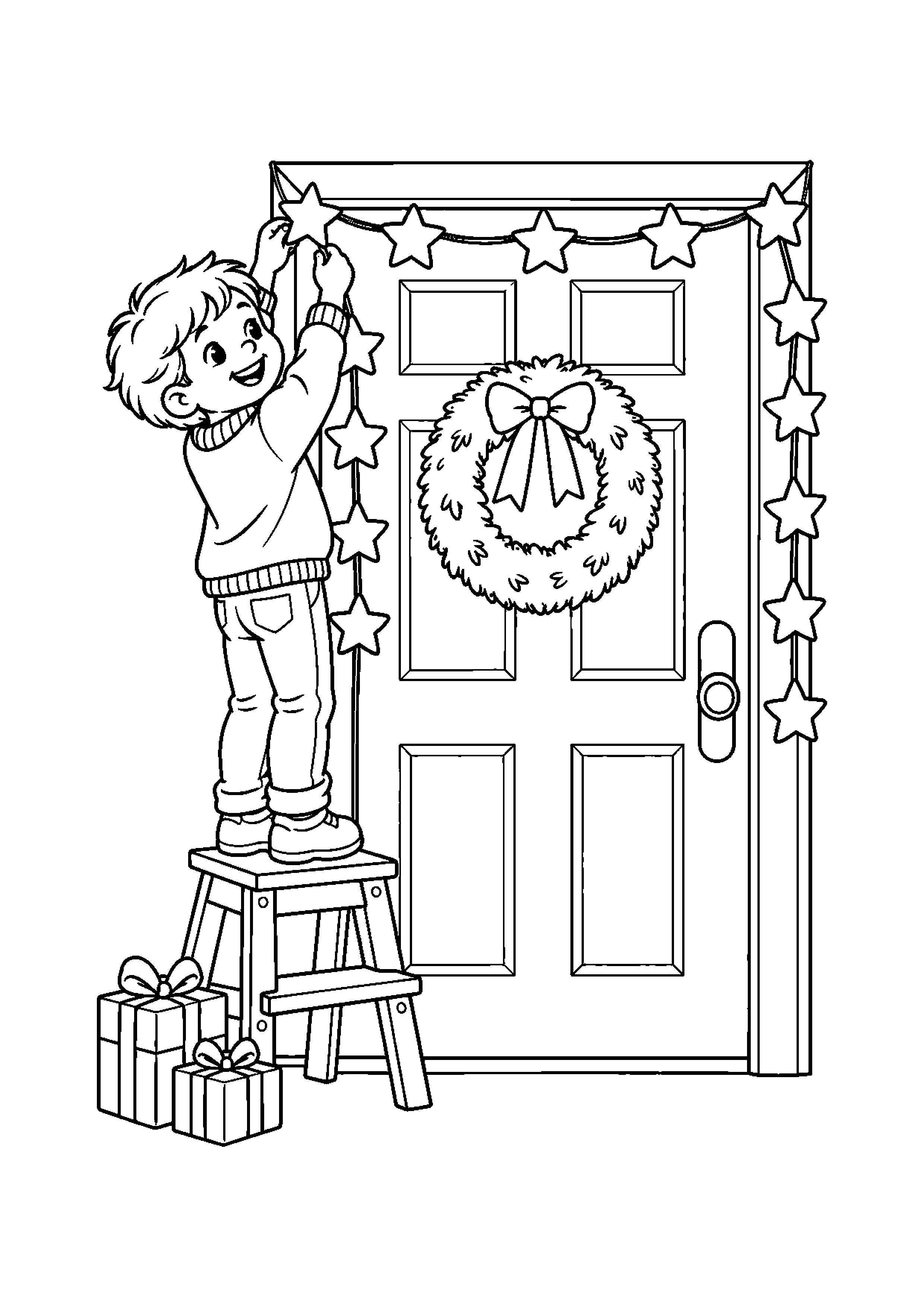 Coloriage Enfant installant une guirlande d'etoiles autour d'une porte decoree de Noël à imprimer gratuitement