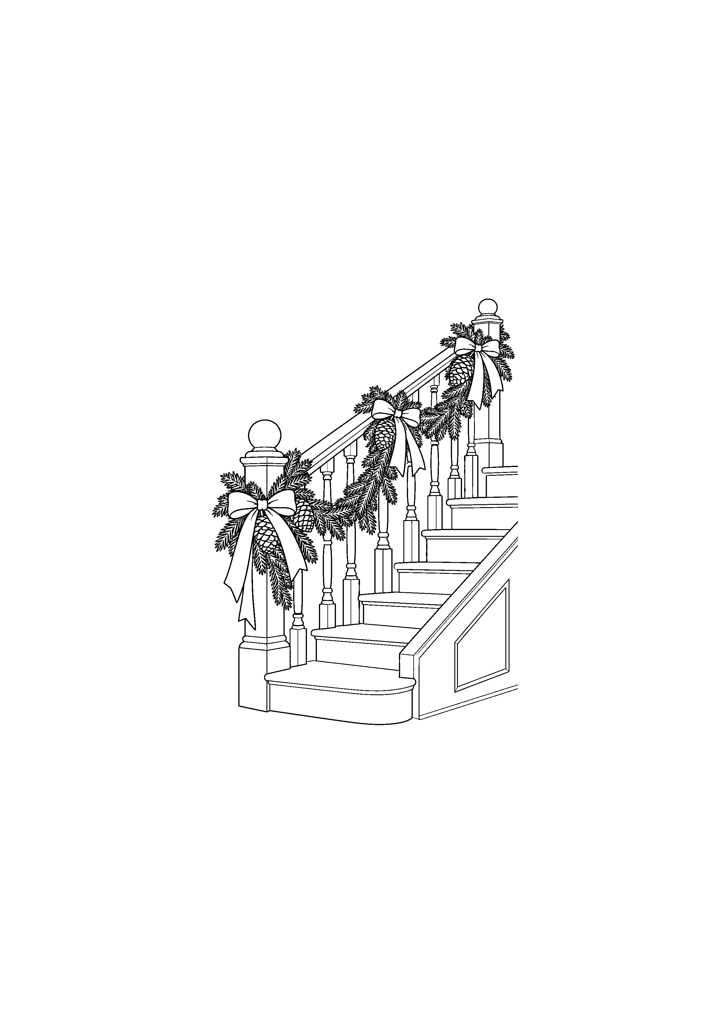 Coloriage Guirlande autour d’une rampe d’escalier de Noël à imprimer gratuitement