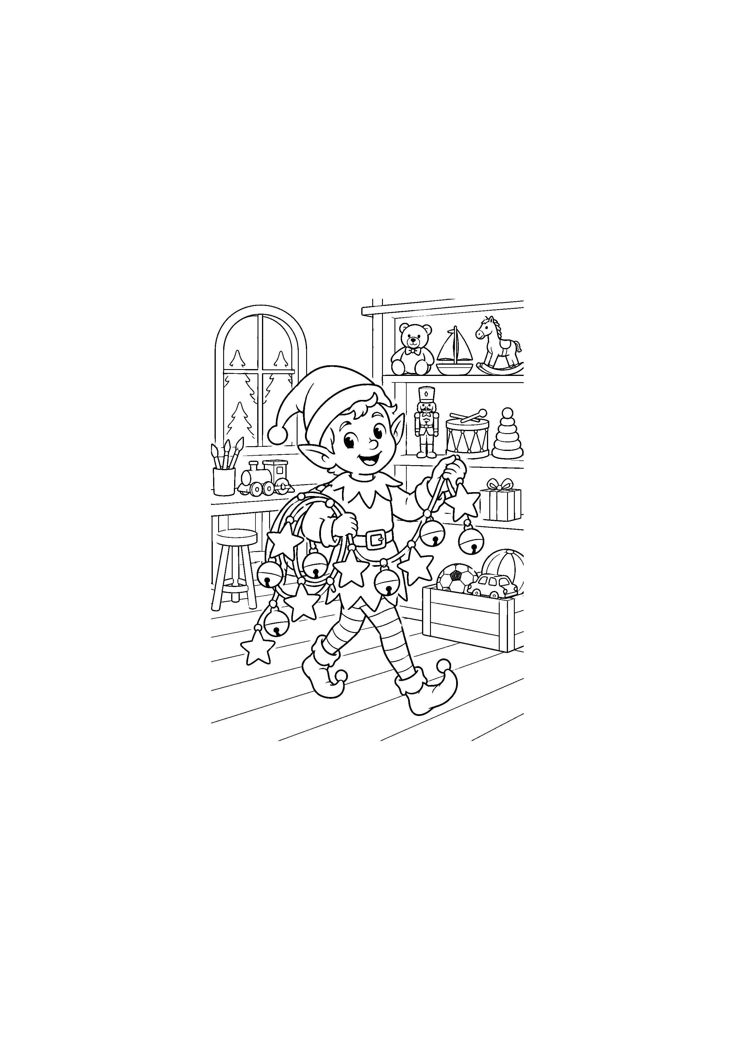 Coloriage Lutin portant une guirlande dans l’atelier de Noël à imprimer gratuitement