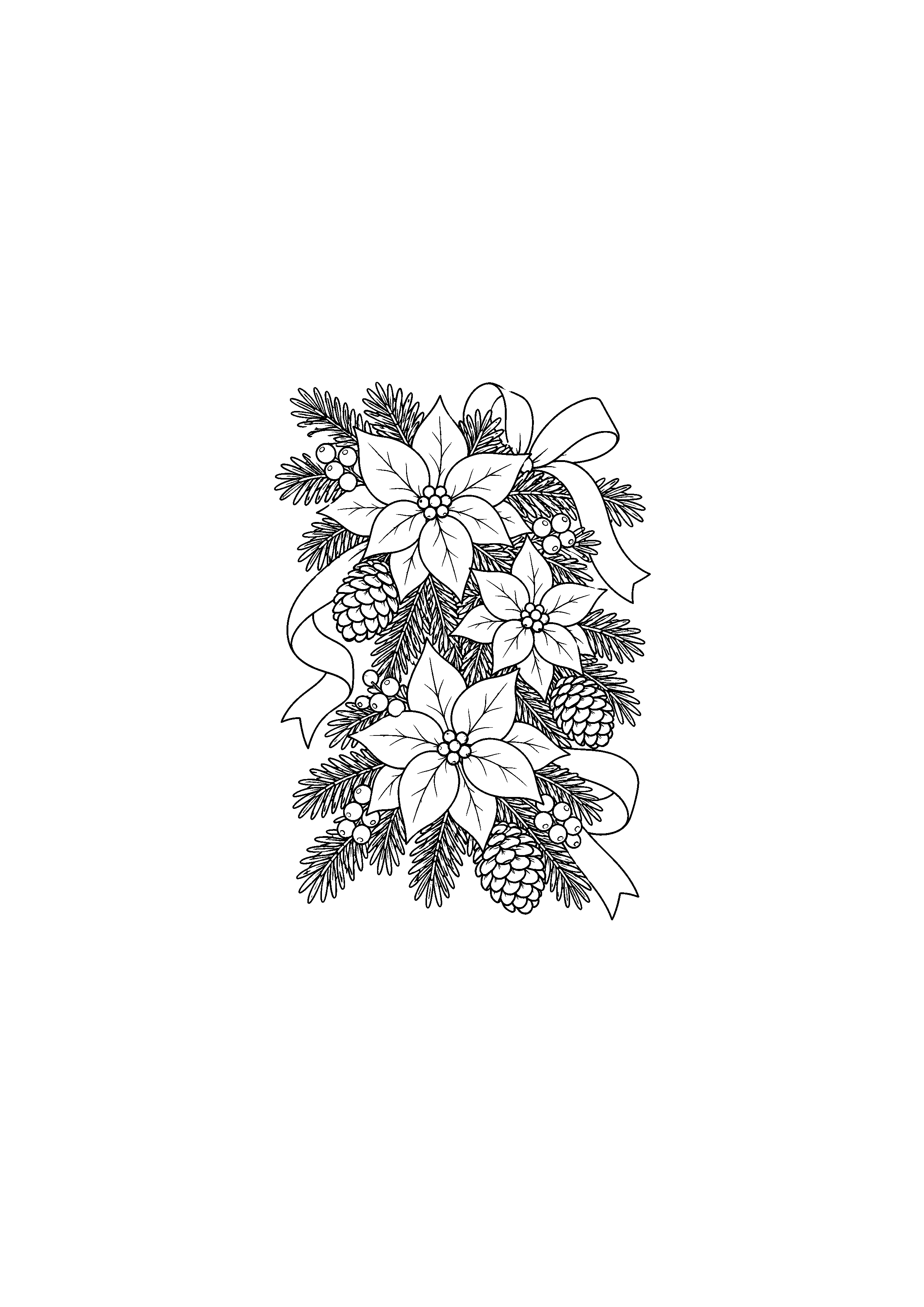 Coloriage Guirlande végétale avec fleurs et pommes de pin de Noël à imprimer gratuitement