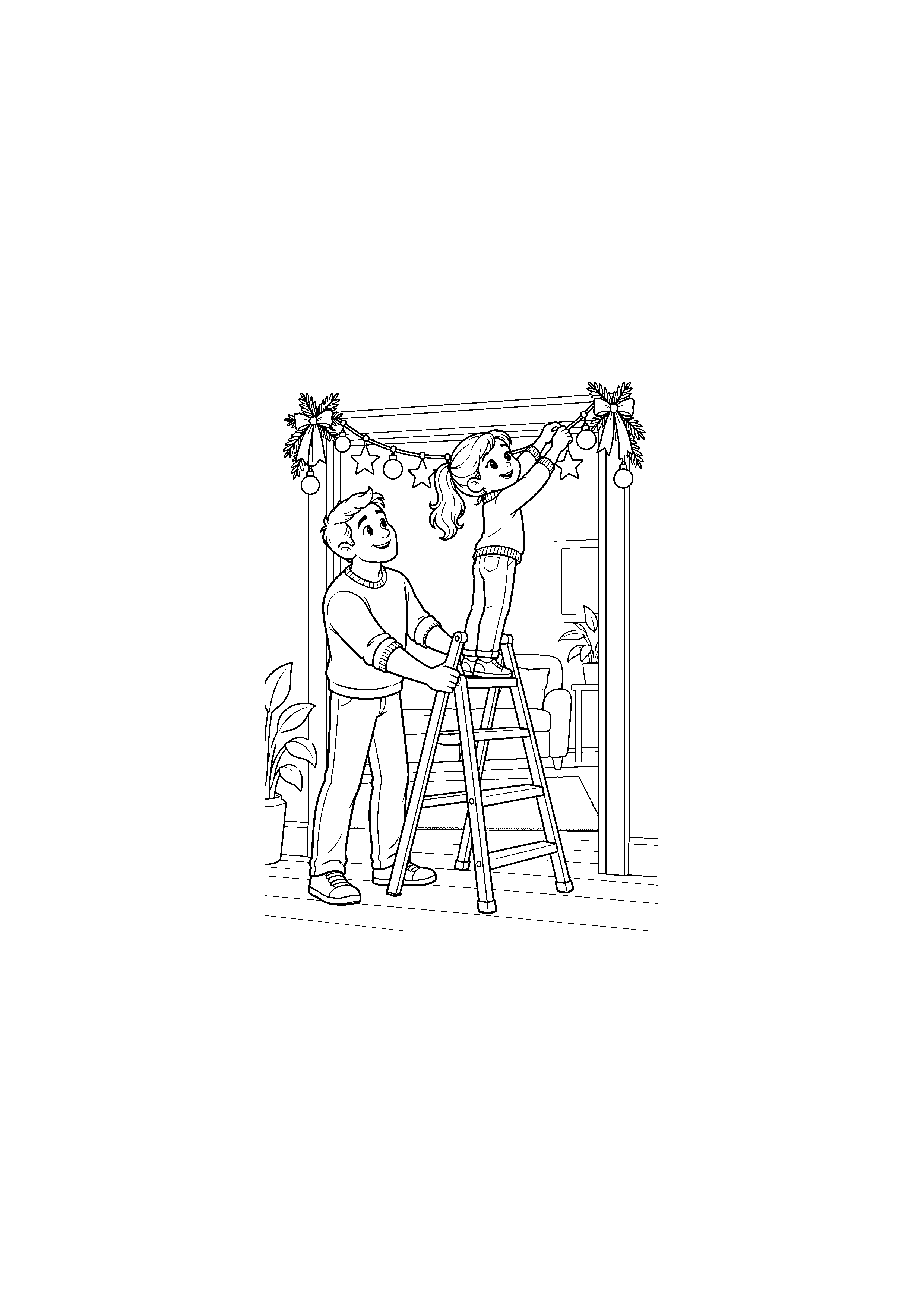 Coloriage Parent et enfant décorant une porte de Noël à imprimer gratuitement