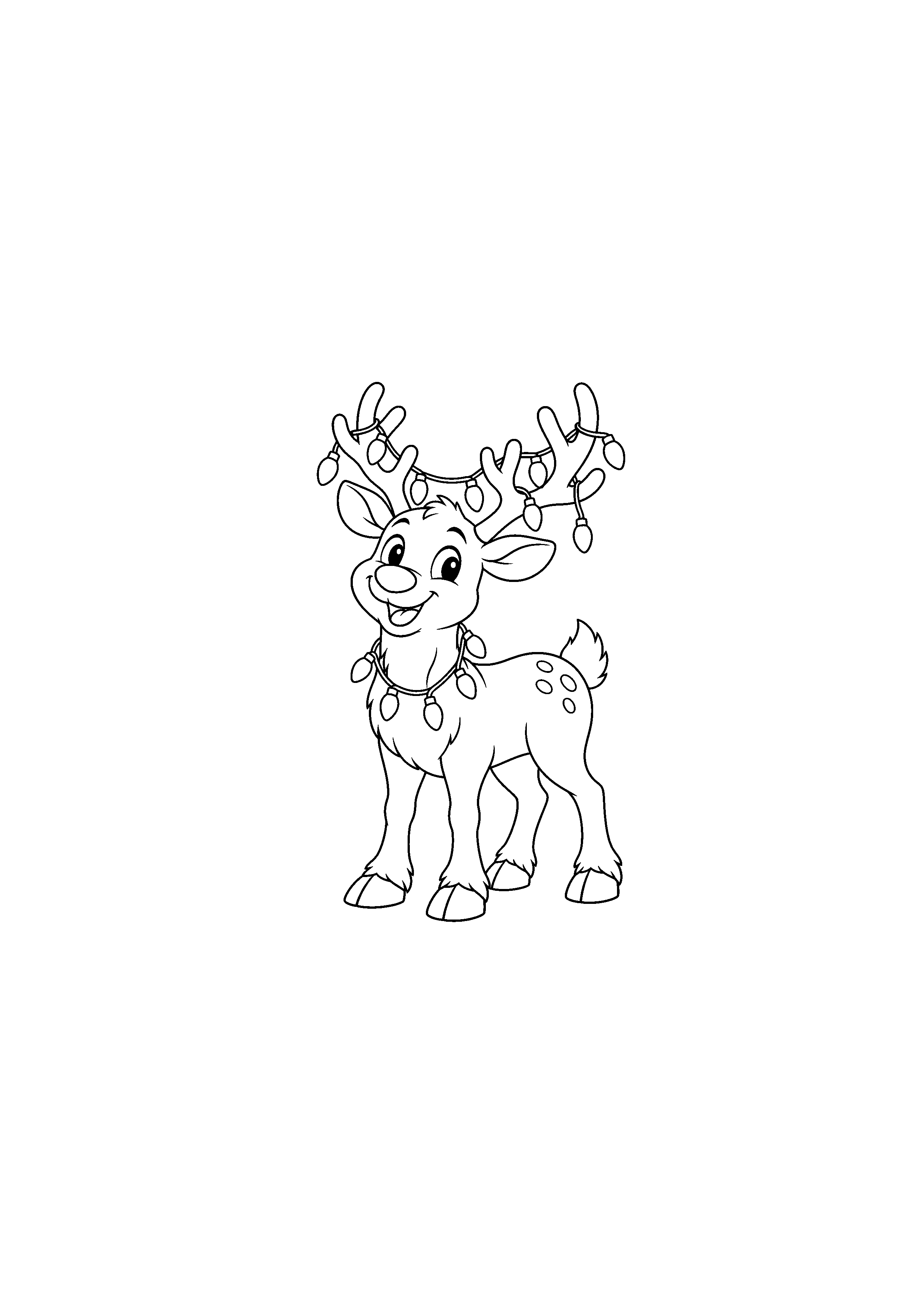 Coloriage Renne amusant entouré d’une guirlande de Noël à imprimer gratuitement