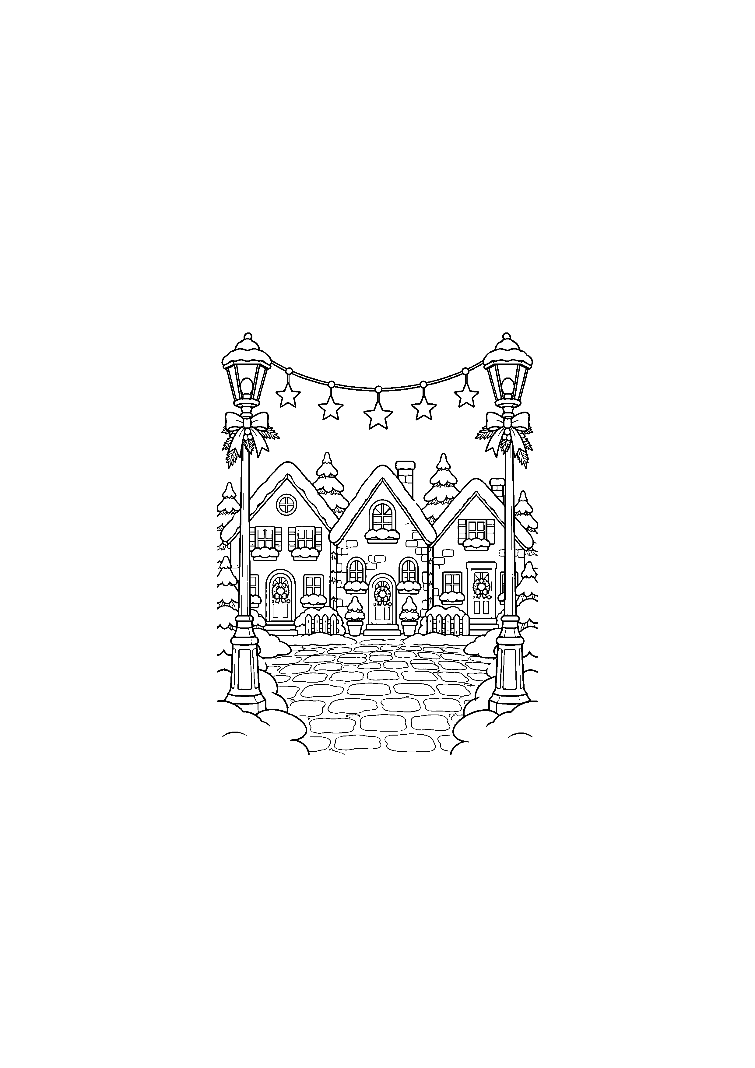 Coloriage Guirlande suspendue dans un village de Noël à imprimer gratuitement