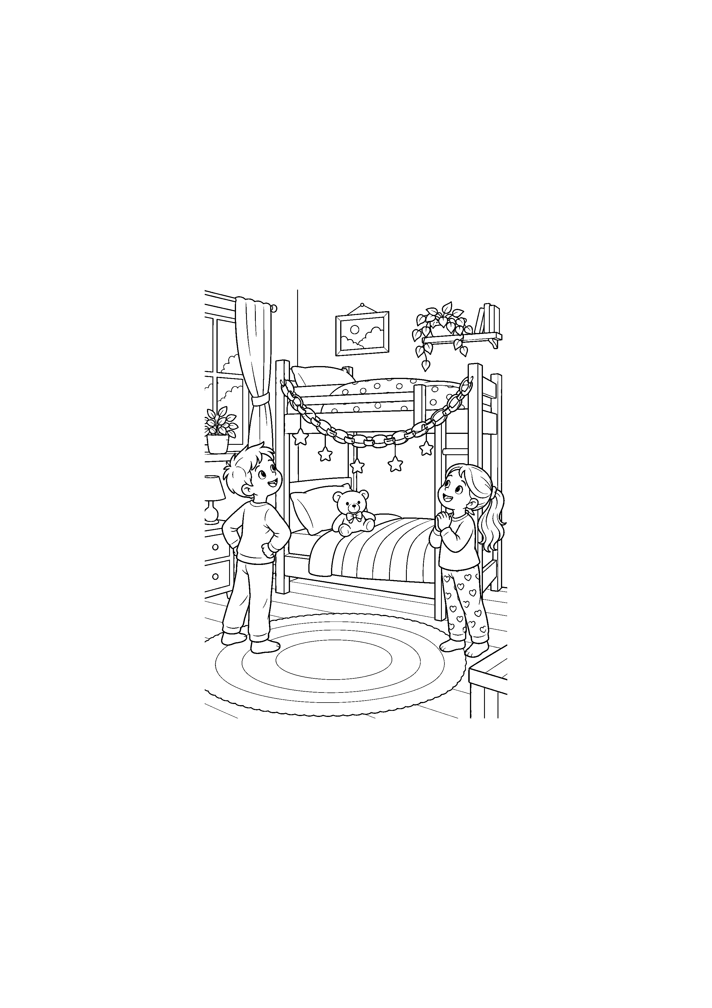 Coloriage Lit d’enfant décoré d’une guirlande en papier de Noël à imprimer gratuitement