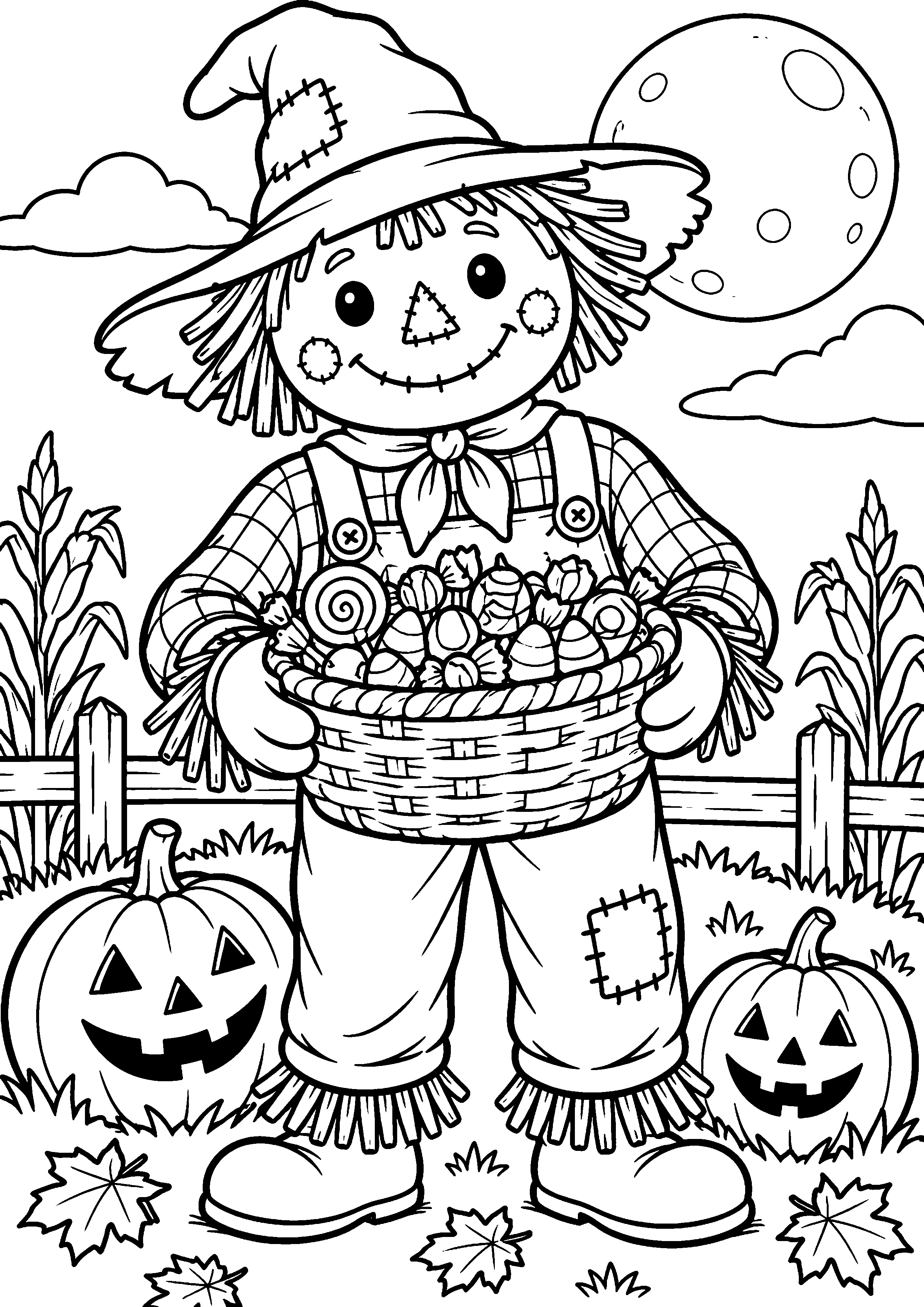Coloriage en noir et blanc représentant grand épouvantail amical tenant un panier de friandises sans emballage marqué, en grand format A4