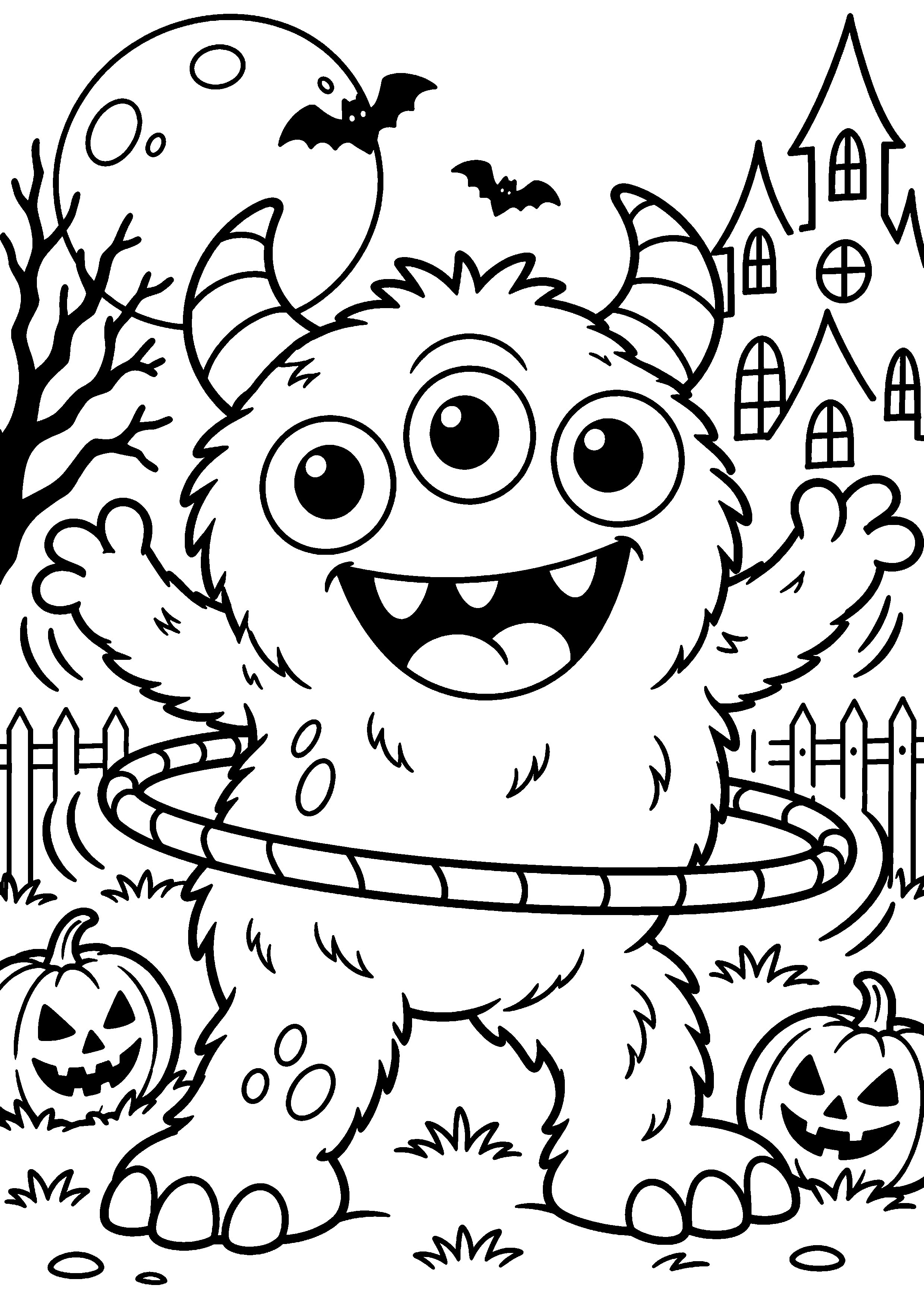 Coloriage en noir et blanc représentant petit monstre à trois yeux jouant avec un cerceau, en grand format A4