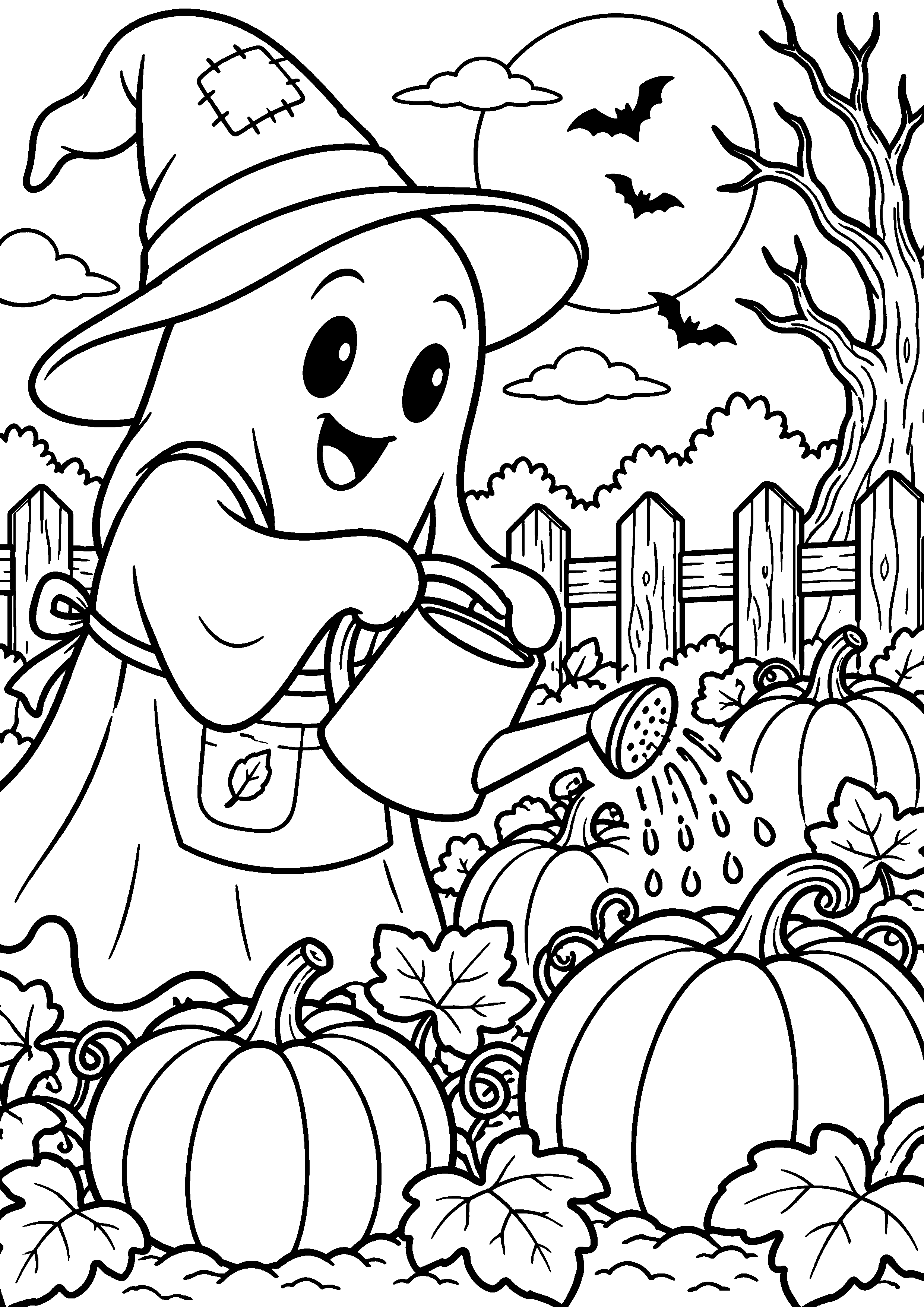Coloriage en noir et blanc représentant fantôme jardinier arrosant des citrouilles non sculptées, en grand format A4