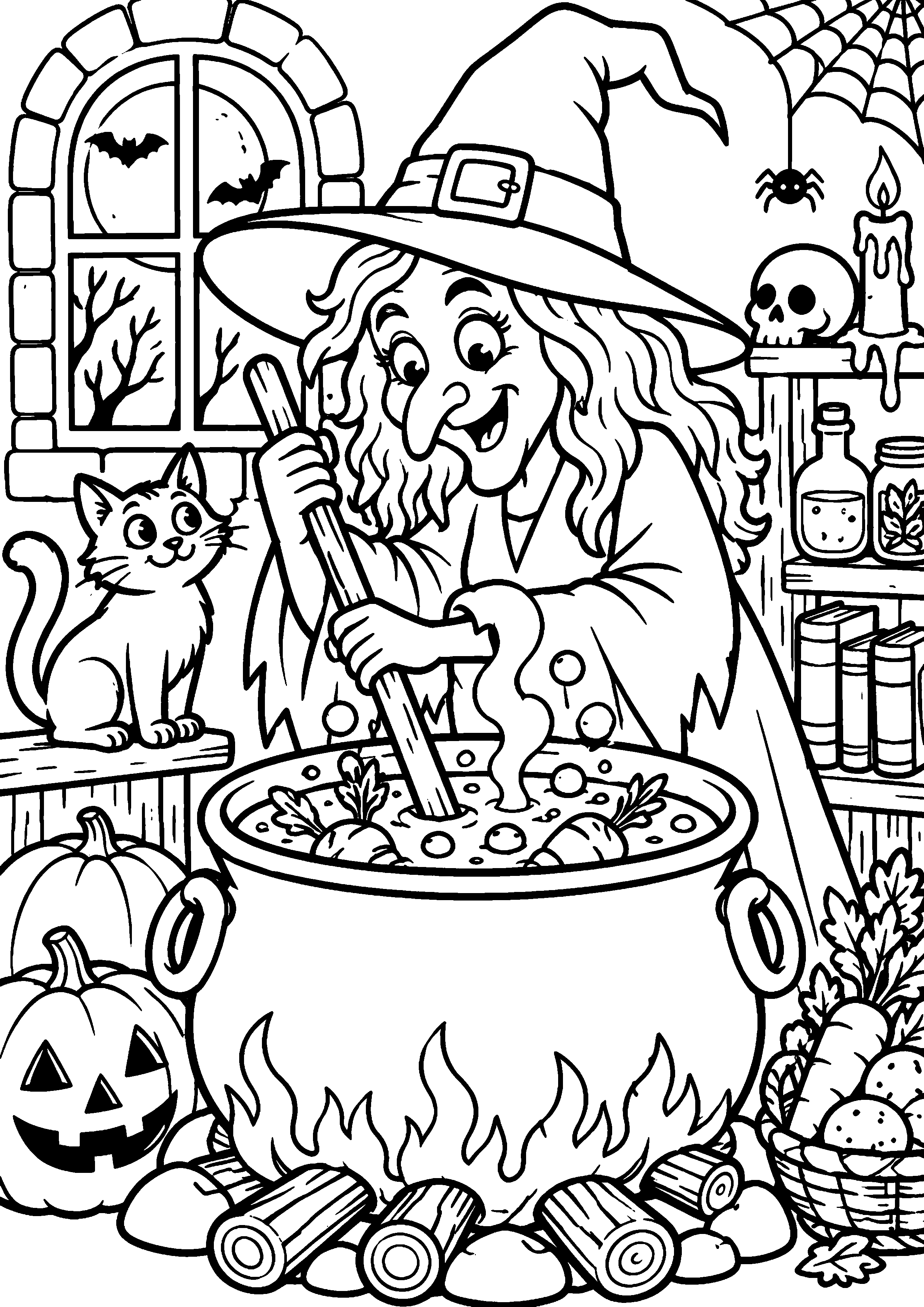 Coloriage en noir et blanc représentant sorcière générique préparant une soupe de légumes dans un chaudron, en grand format A4
