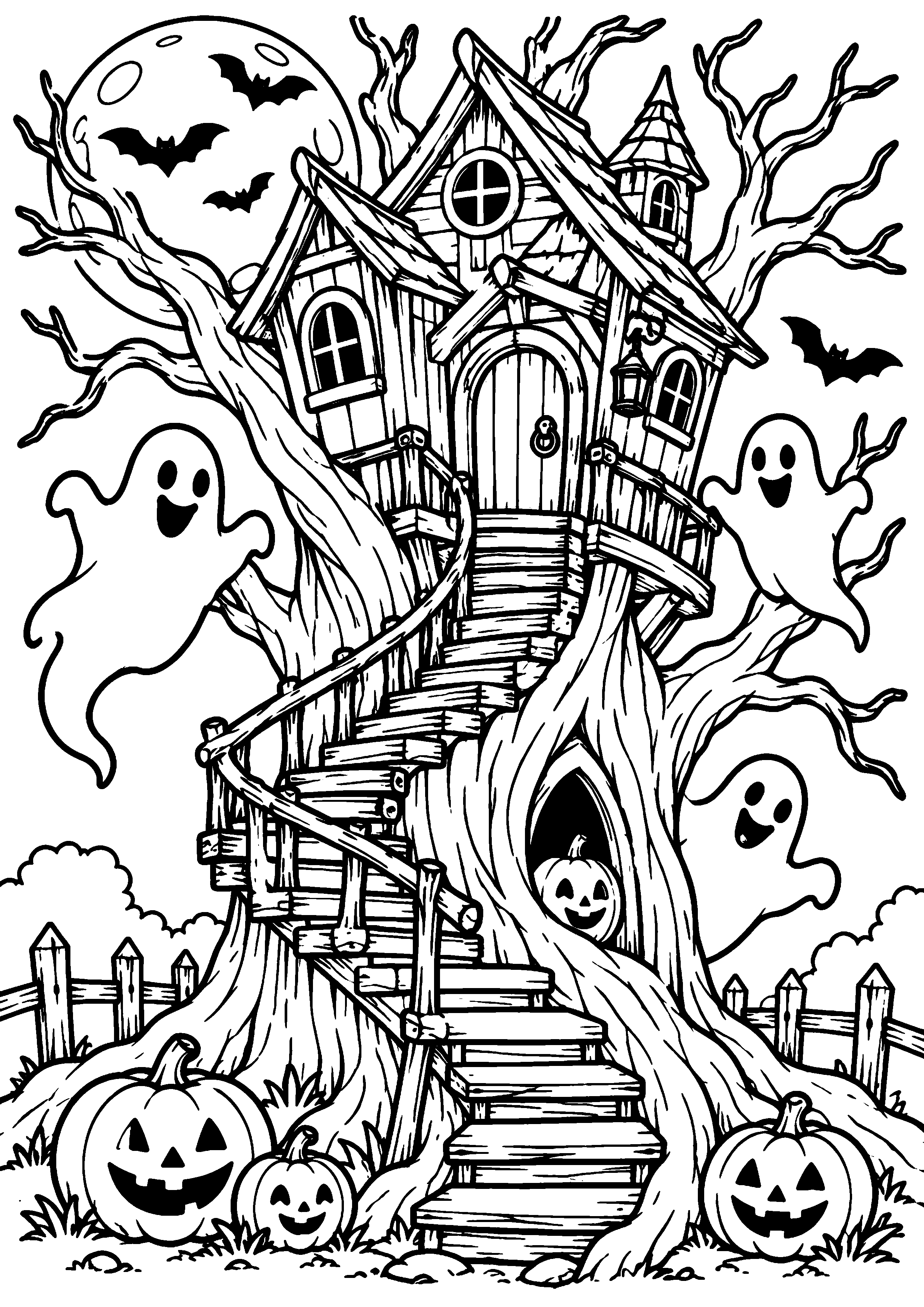 Coloriage en noir et blanc représentant maison-arbre hantée avec escalier tordu et fantômes souriants, en grand format A4
