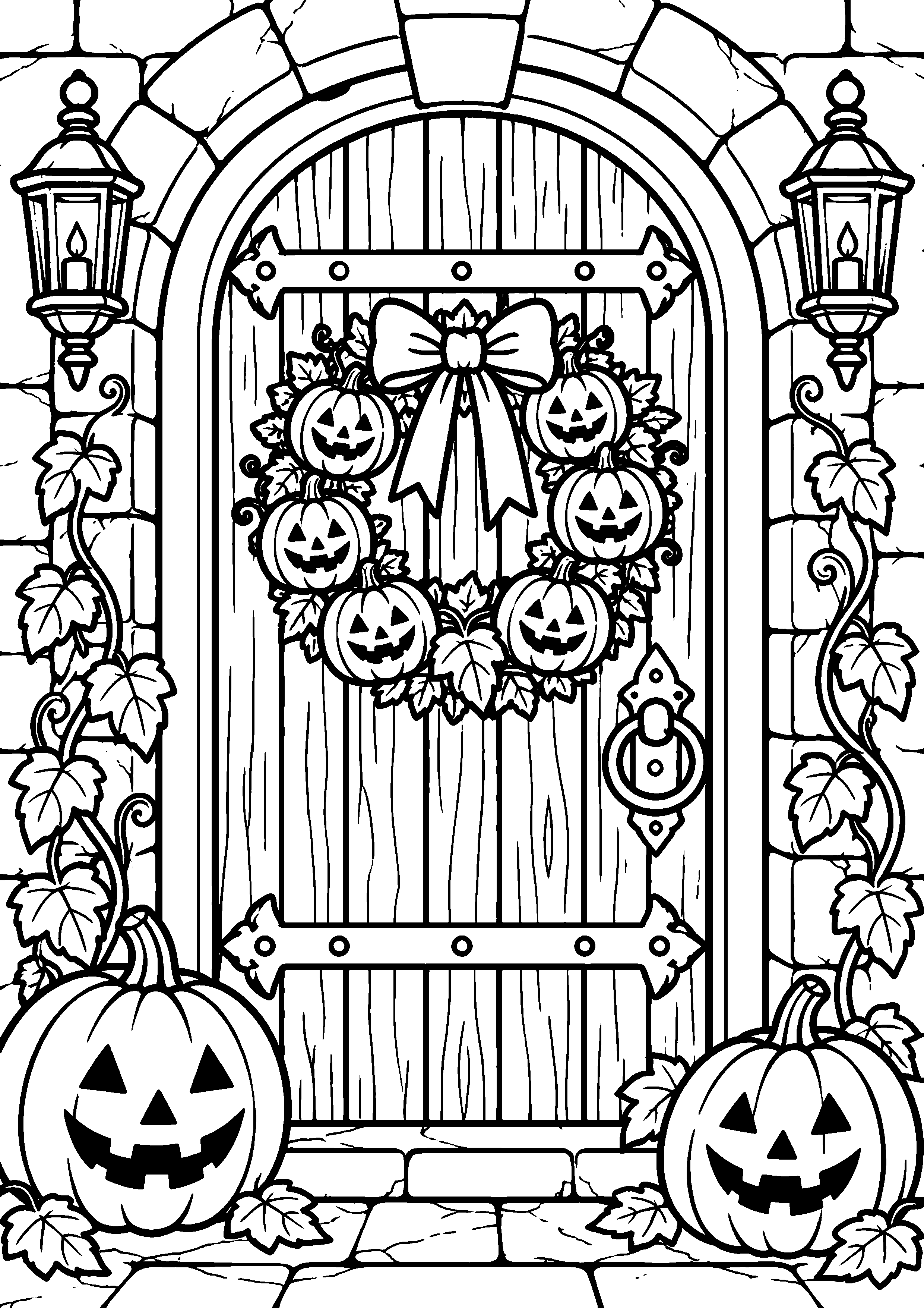 Coloriage en noir et blanc représentant grande porte ancienne ornée d'une couronne de mini-citrouilles, en grand format A4