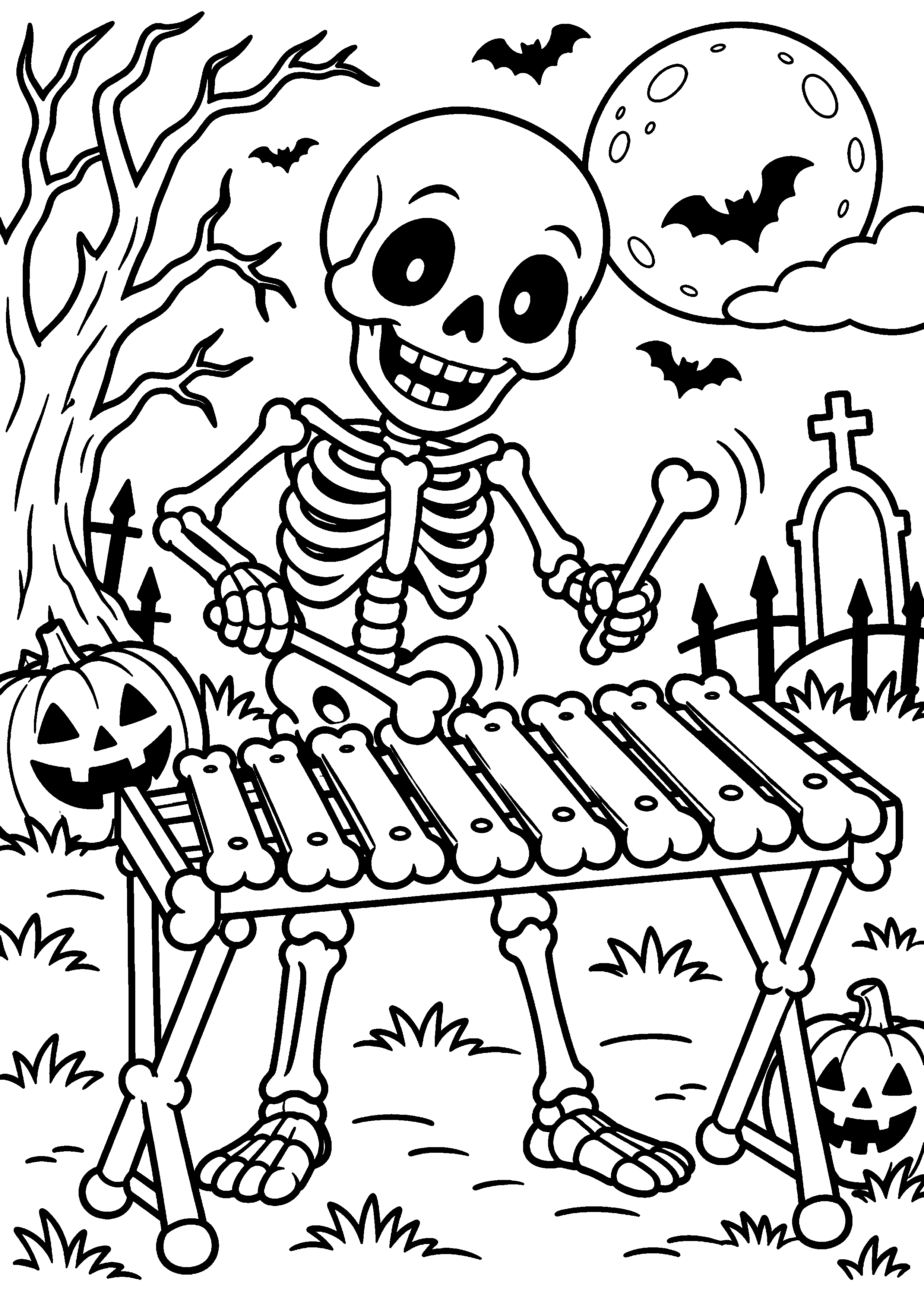 Coloriage en noir et blanc représentant squelette amical jouant du xylophone en os stylisés, en grand format A4