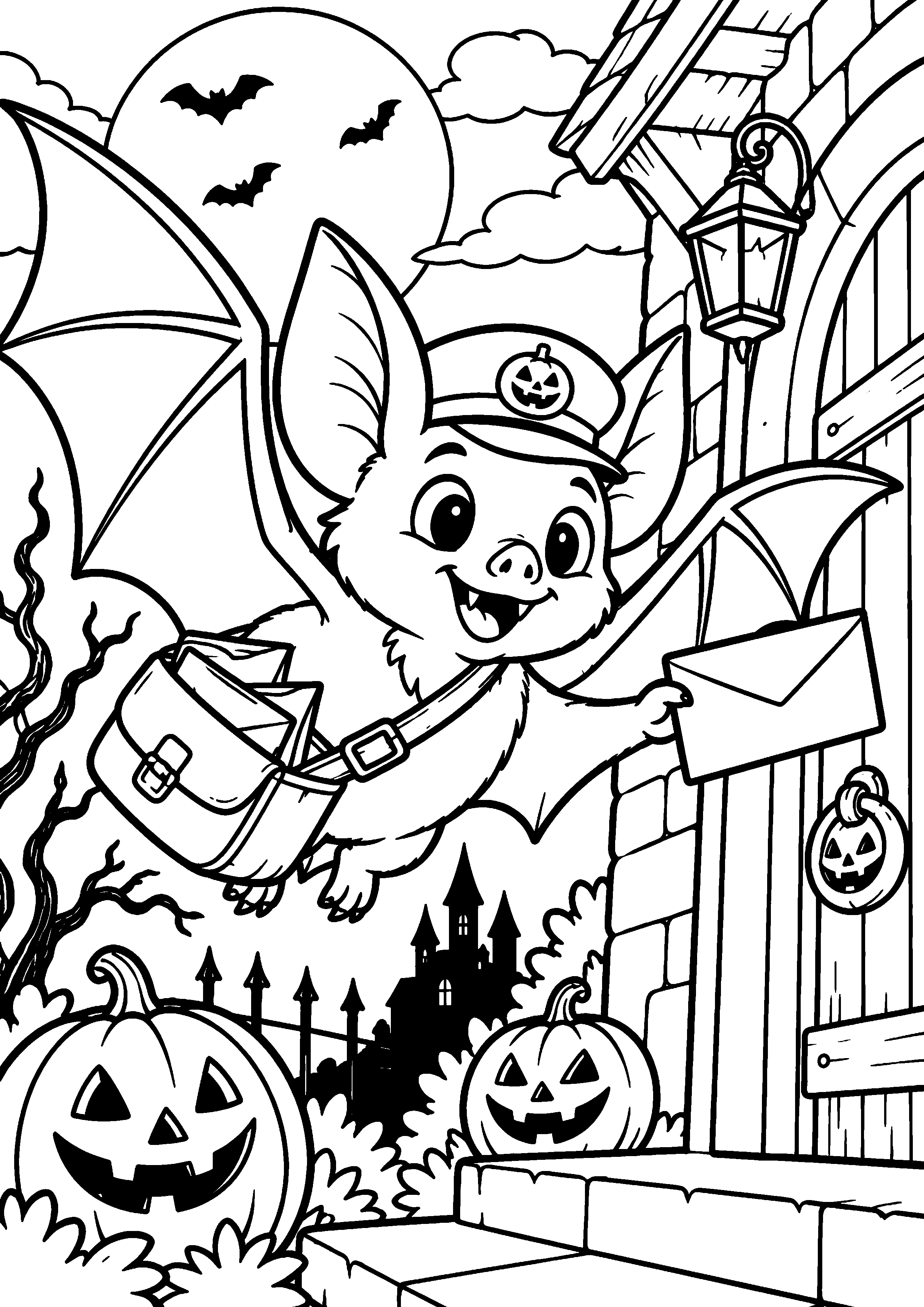 Coloriage en noir et blanc représentant chauve-souris facteur livrant une enveloppe sans écriture, en grand format A4