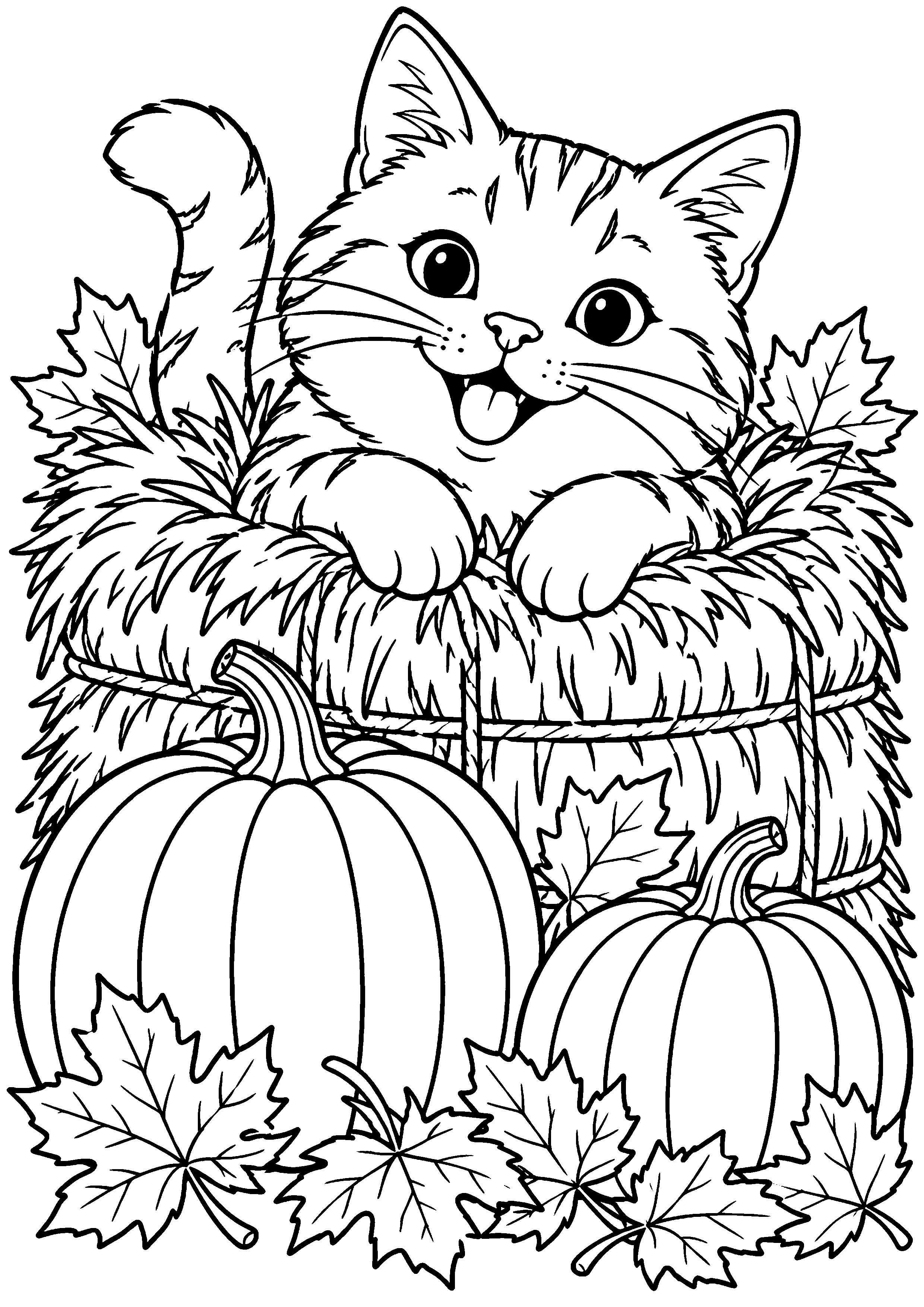 Coloriage en noir et blanc représentant chat noir générique caché dans une botte de paille, en grand format A4