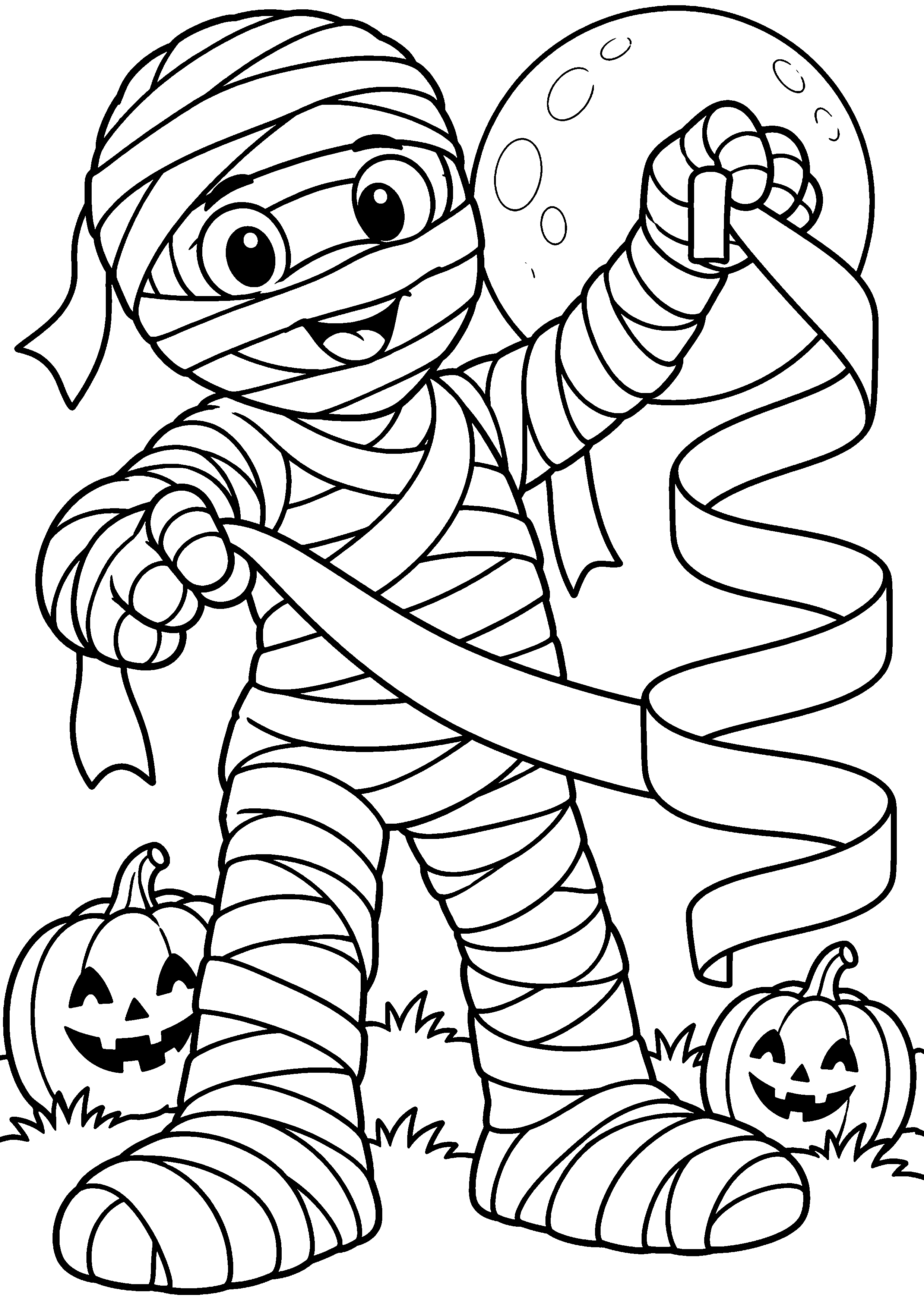 Coloriage en noir et blanc représentant momie amicale déroulant sa bandelette comme un ruban, en grand format A4