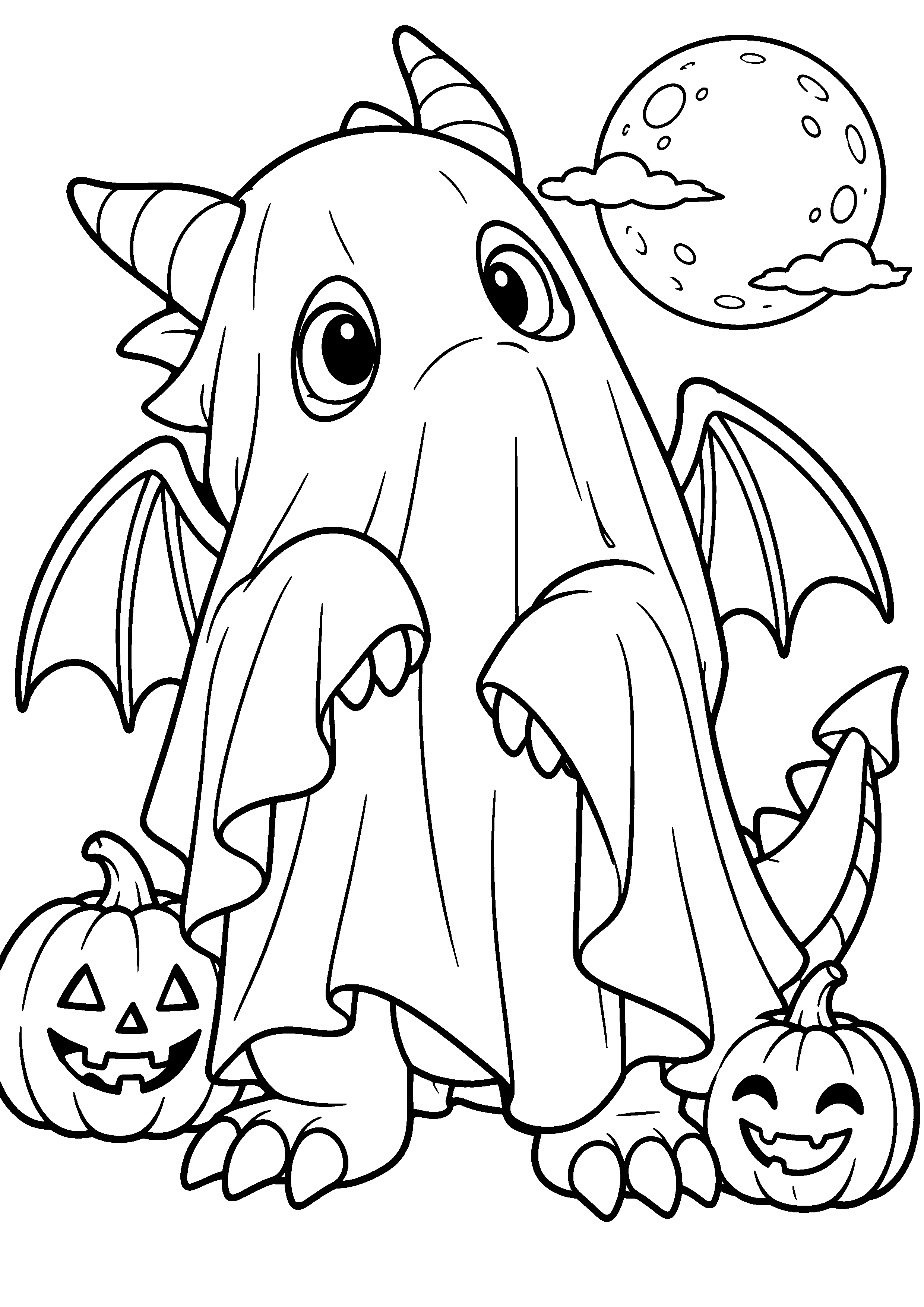 Coloriage en noir et blanc représentant petit dragon costumé en fantôme sous un drap, en grand format A4