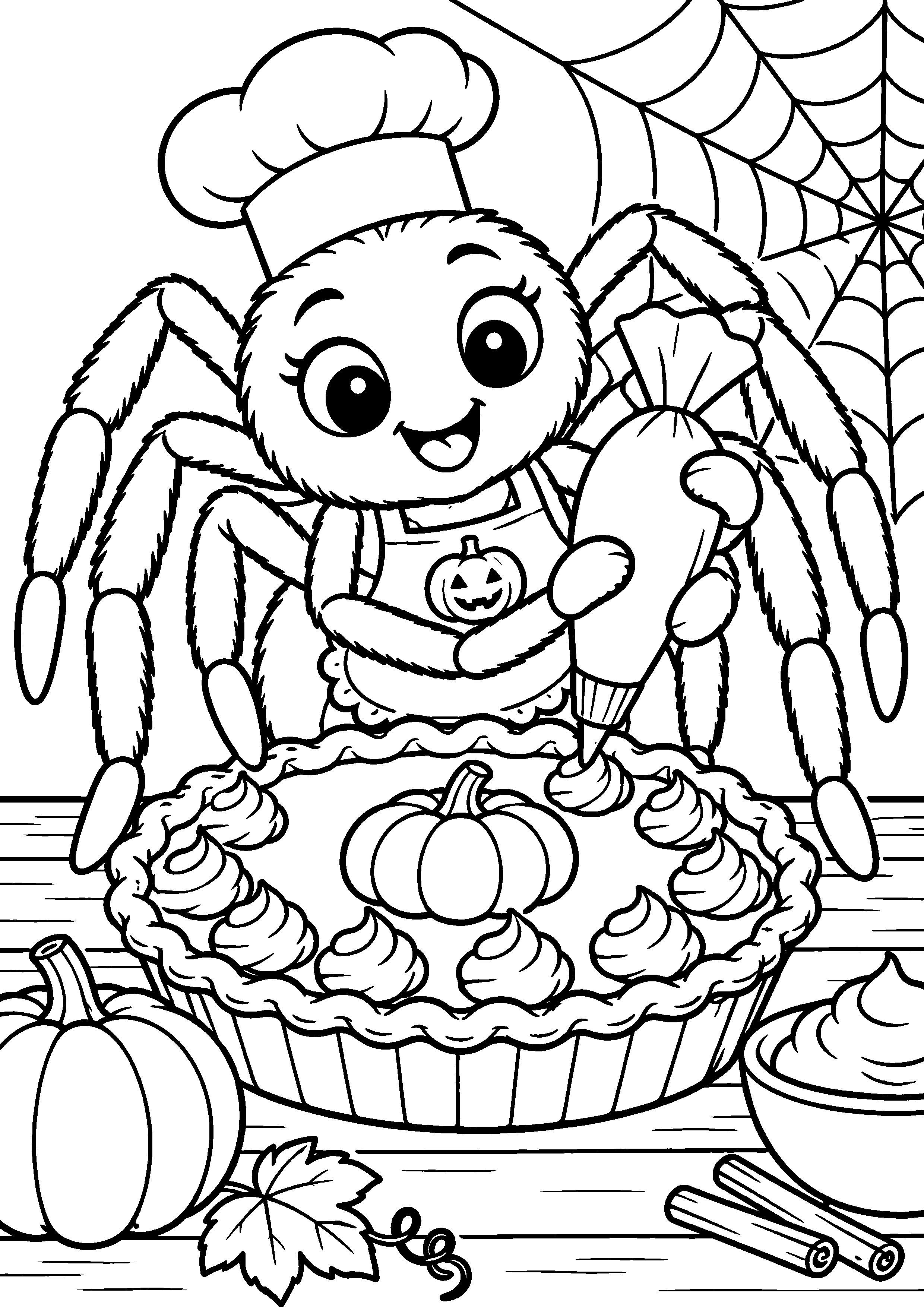 Coloriage en noir et blanc représentant araignée pâtissière décorant une tarte à la citrouille, en grand format A4